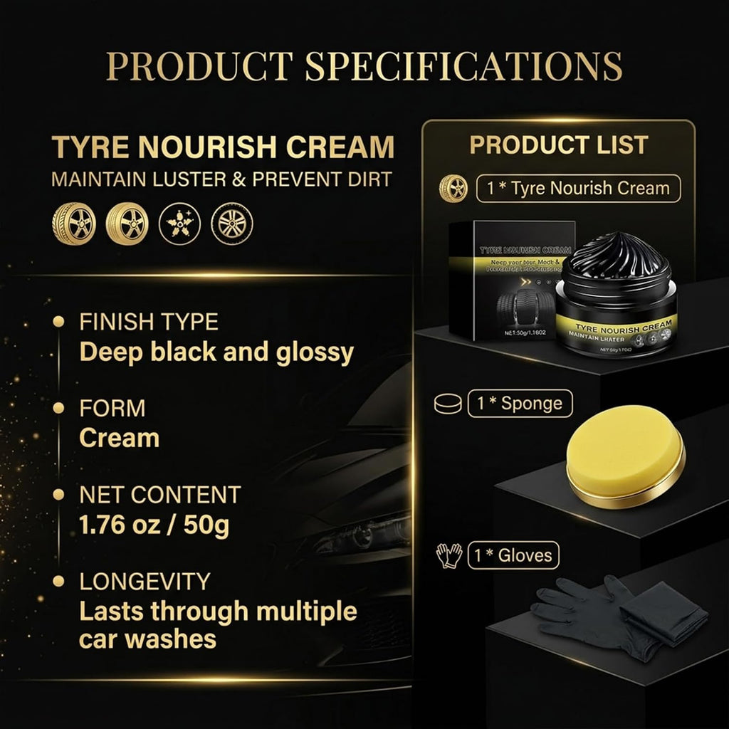 Tire Shine & Tyre Nourish Cream - Premium Wheel Restoration Wax - Long-Lasting Black Gloss Restorer Tyre Nourishing Paste for Cars, Trucks, Motorcycles - Professional Tire Dressing & Polish (1)