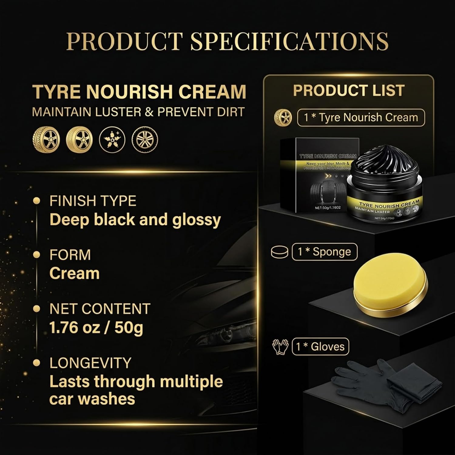 Tire Shine & Tyre Nourish Cream - Premium Wheel Restoration Wax - Long-Lasting Black Gloss Restorer Tyre Nourishing Paste for Cars, Trucks, Motorcycles - Professional Tire Dressing & Polish (1)