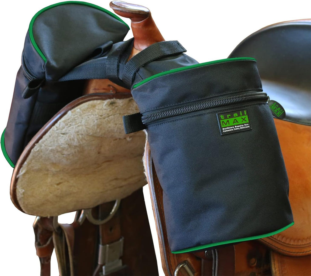 TrailMax Horse Horn Bags for Trail Riding – Medium & Large Western Saddle Horn Bags for Horses & Mules, Insulated Trail Gear with Secure Fit & Grab-and-Go Liners, Medium, Black with Green Piping