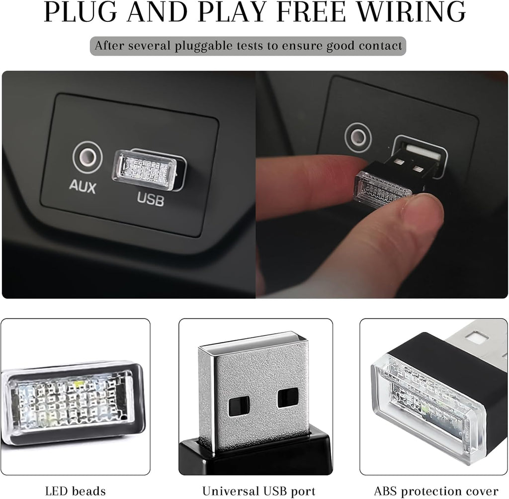 6 PCS USB LED Car Interior Atmosphere Lamp, Portable Mini Auto LED Decor Night Light, Plug-in USB Interface Ambient Lighting Kit, Universal Car Interior Accessories (6 Colors)
