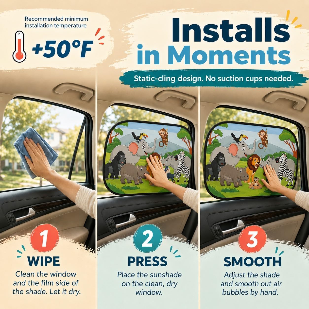 Car Window Shade for Baby Kids, 2 Pack Cartoon Animal Side Window Sun Shades, UV Protection Baby Car Window Shades for Sun Glare, Heat & Travel Comfort (Safari)