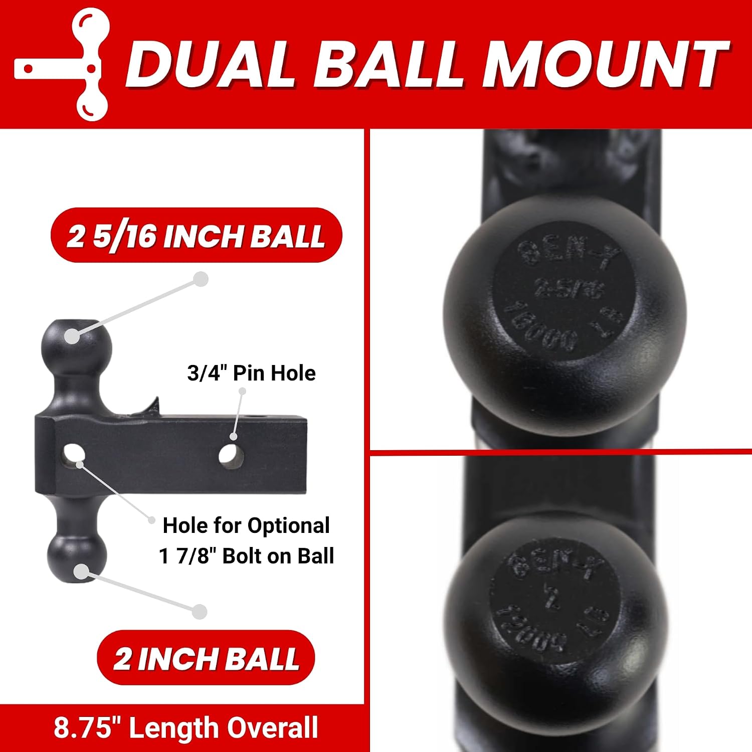 GEN-Y Hitch Tow Hitch for 2" Receiver - 5" Drop/Rise with 3 Adjustable Positions, Includes Dual Ball Mount, Pintle Lock and 2 Locking Pins, 16,000 lbs Towing Capacity, 2,000 lbs Tongue Weight