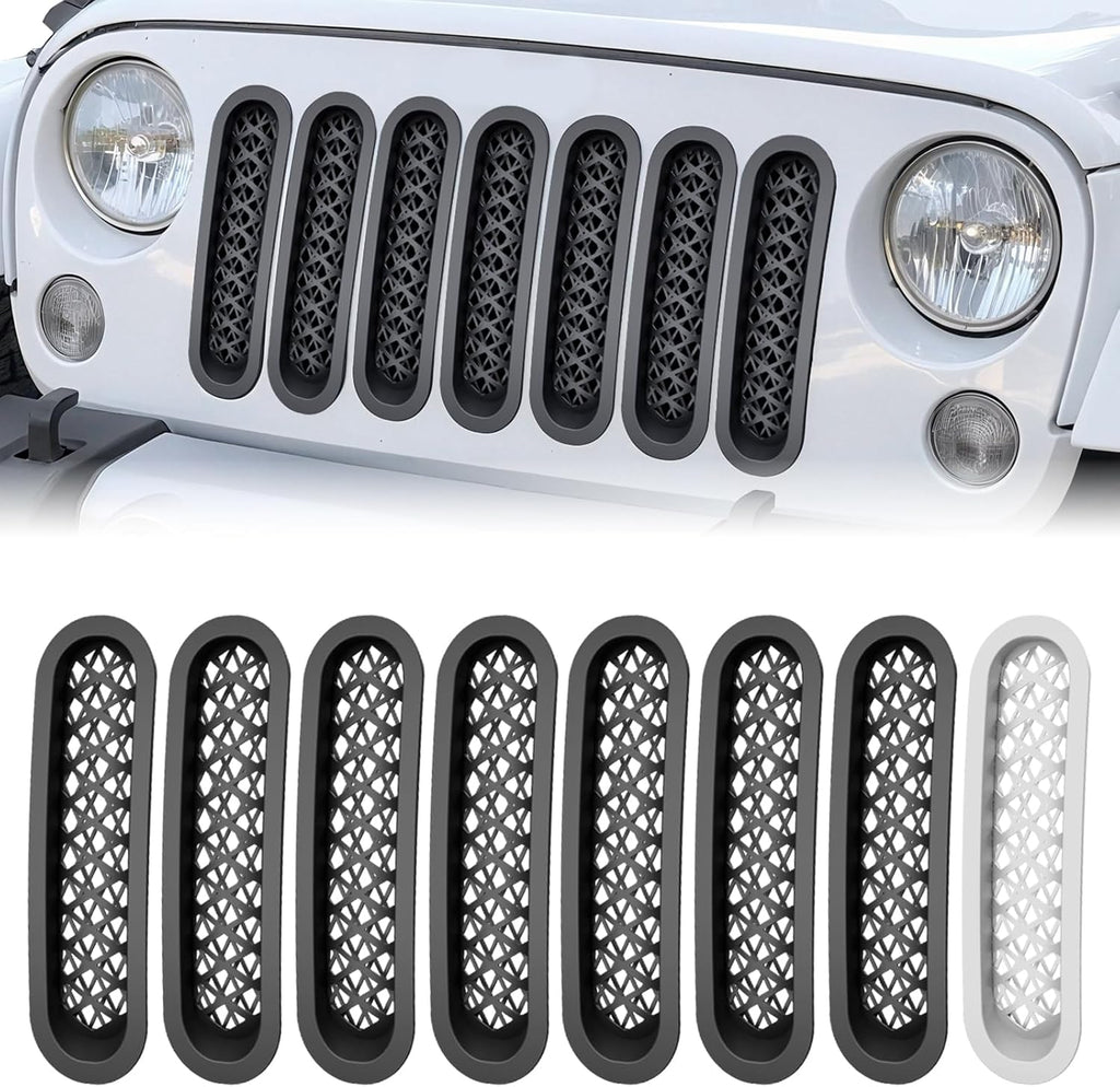 YZONA Grill Inserts Black, Front Mesh Grille Cover Compatible with 2007-2018 Jeep JK Wrangler & Unlimited Wrangler Accessories, Car Grill Mesh (7PCS Black + 1PCS White)