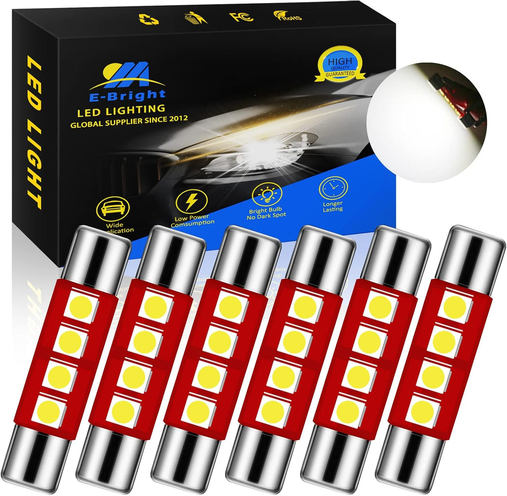 YM E-Bright White 28MM Festoon Led For Car Visor Mirror Lights, 14V1CP 6641 6612F Led Festoon Bulb 12V Dome Light, 3030-4SMD, Pack of 6