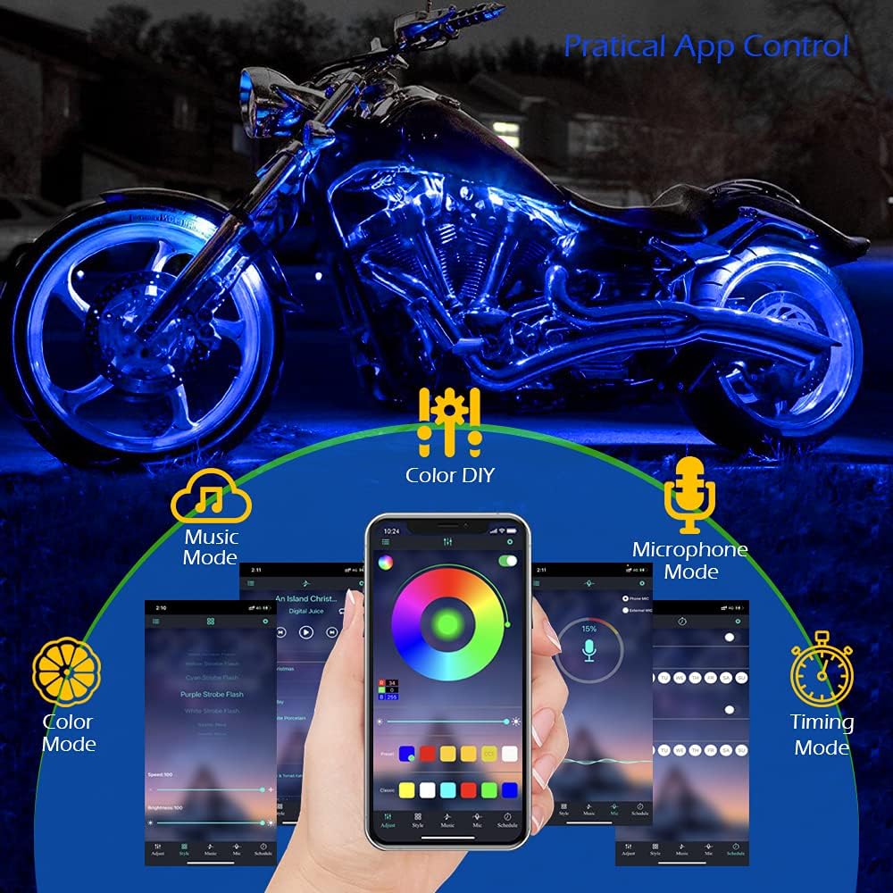 SHINIGHT 10 Pcs Motorcycle LED Light Kits, App Control Multicolor Waterproof Strip Lights with RF Remote, Music Sync & Multiple Scene Modes RGB for Motorcycles