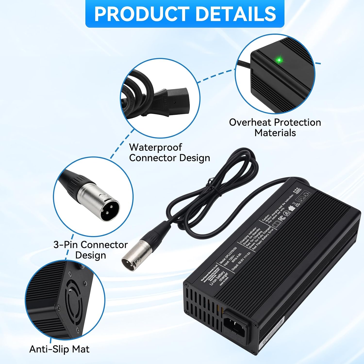 Upgraded Fast Charging 3-Pin 48V 5A Battery Charger for Q20 Ridstar, Battery Power Adapter, Waterproof & Moisture-Proof & Protection Against Overcurrent Charger Part for Q20 Ridstar ﻿(5A)