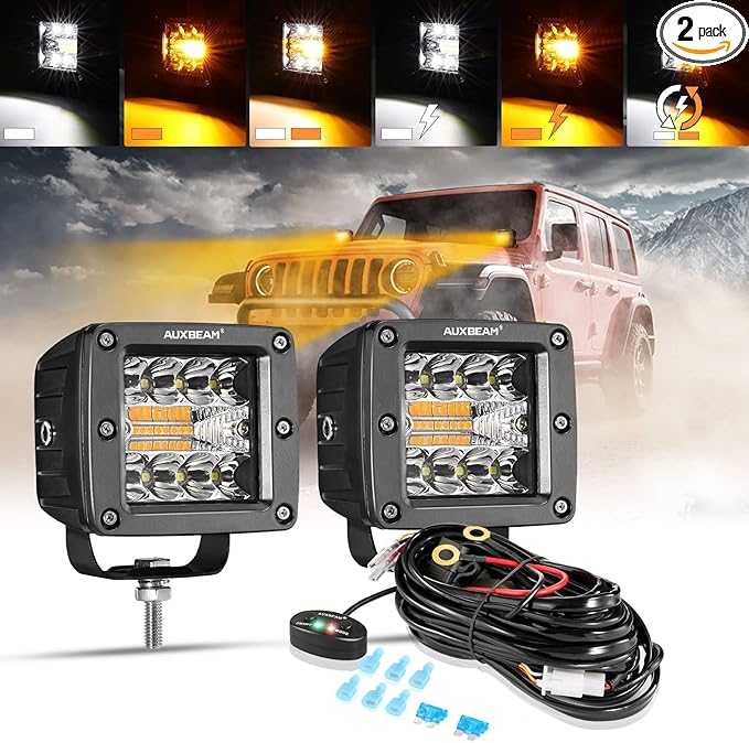 Auxbeam LED Pods 3 Inch 72W Amber Fog Light, 6 Modes Strobe Cube Pod Light Bar by Auxbeam