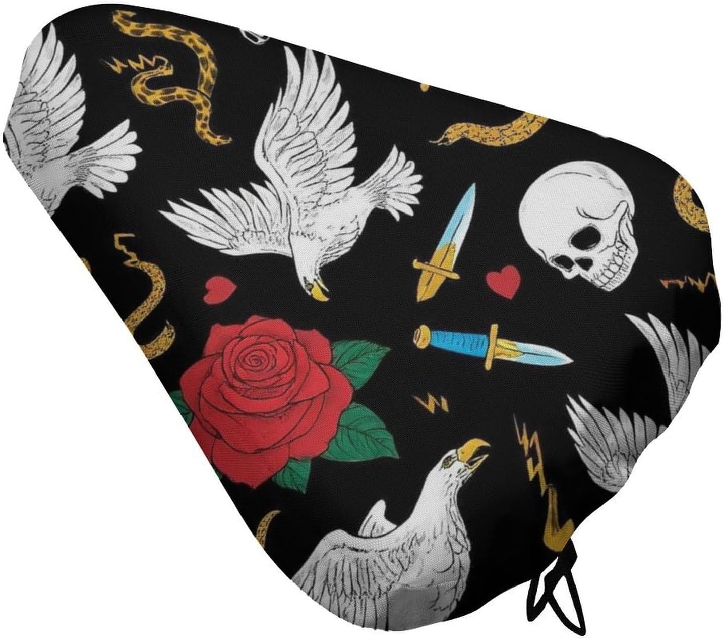 Cool Rock Wild Eagle Red Rose Skull Floral Bike Seat Cover Outdoor Cycling Class And Stationary Bikes Spin Bike, Waterproof Bike Cushion Saddle Protector with Adjustable Drawstring