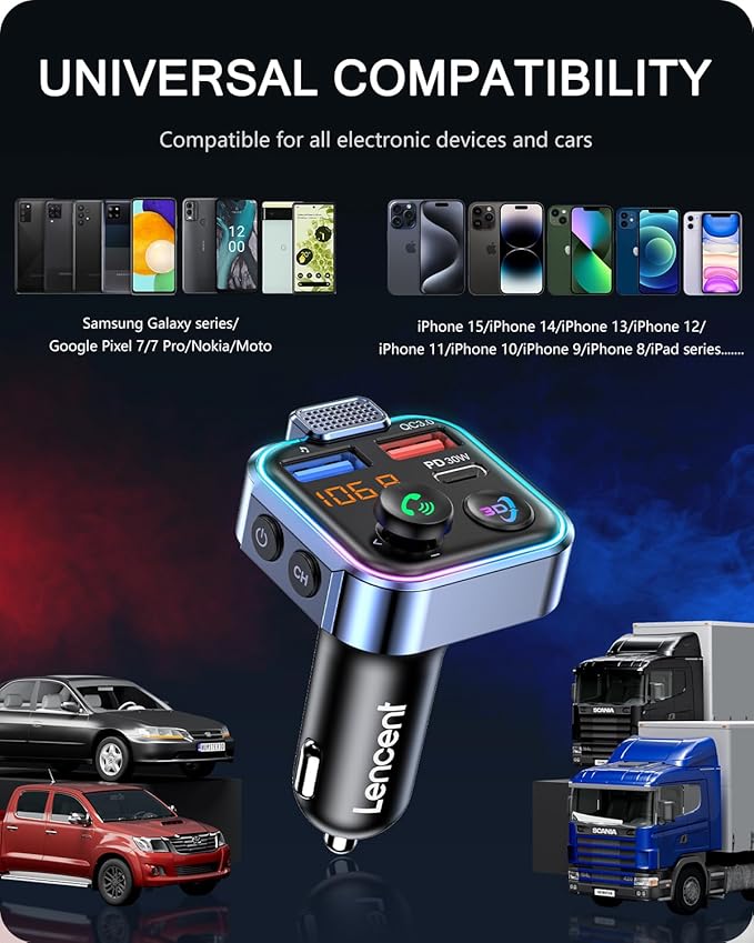 LENCENT Bluetooth 5.3 FM Transmitter, Wireless Radio Adapter Car Kit