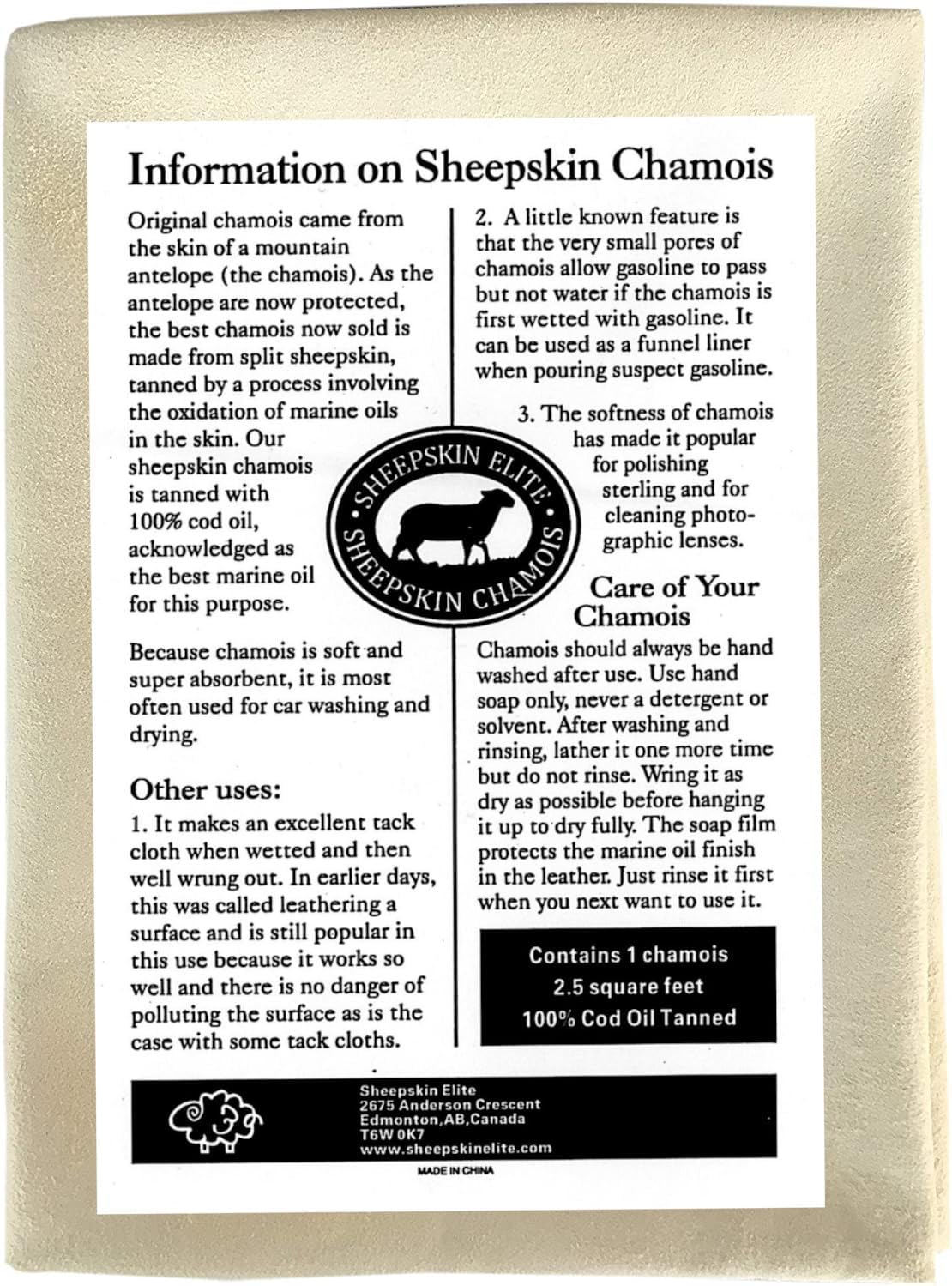 SHEEPSKIN ELITE Chamois Drying Cloth Car Drying Towel Real Leather Super Absorbent Fast Drying Natural Chamois Car Wash Cloth Accessory (2.5 sq. ft.)