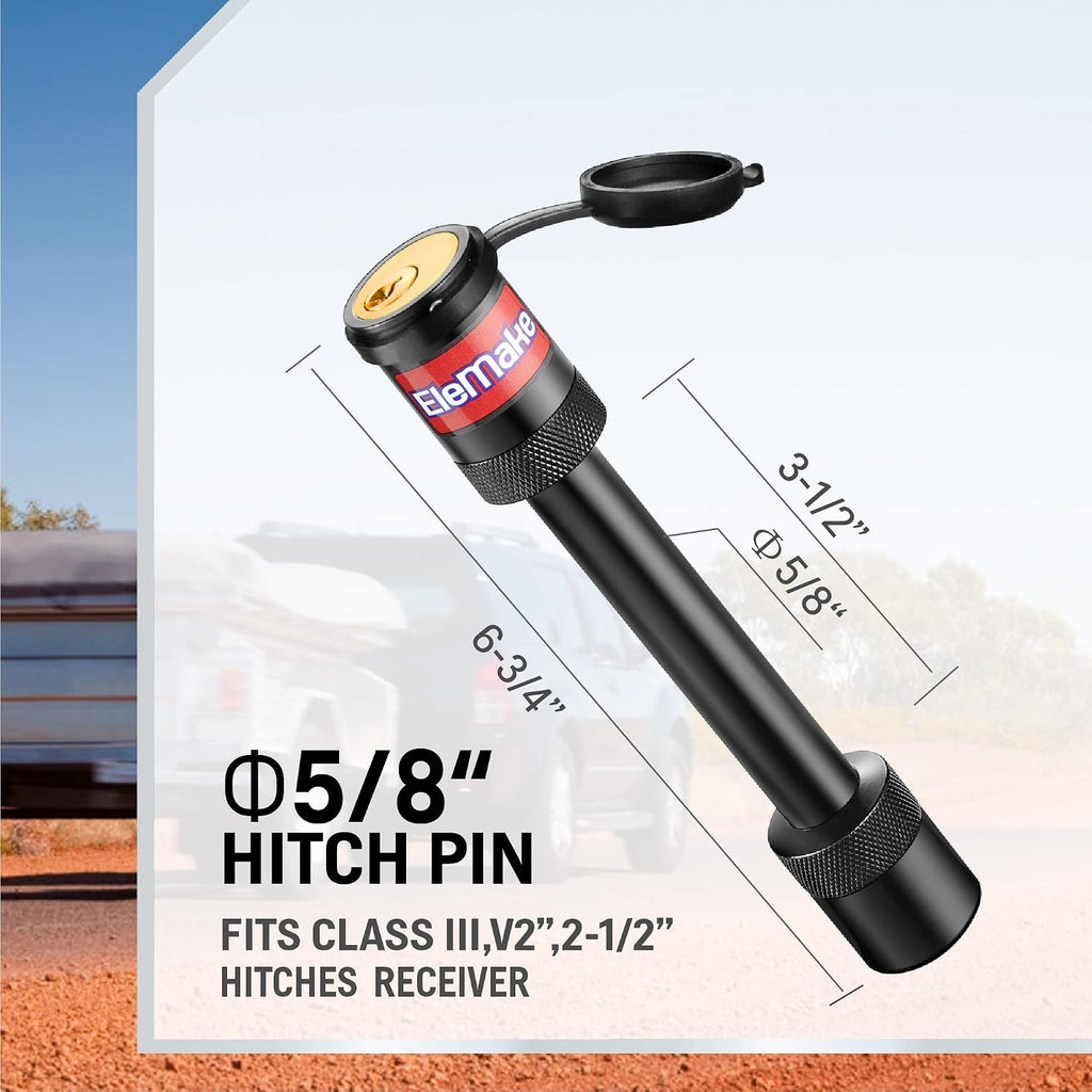 Hitch Pin Lock - Trailer Hitch Lock 5/8" Pin Tow Receiver Lock, Anti-Rust Brass Core Extra Long 3-1/2" Effective Length for Class III-V Receivers (2", 2-1/2"), Heavy Duty 20,000 LBS Towing