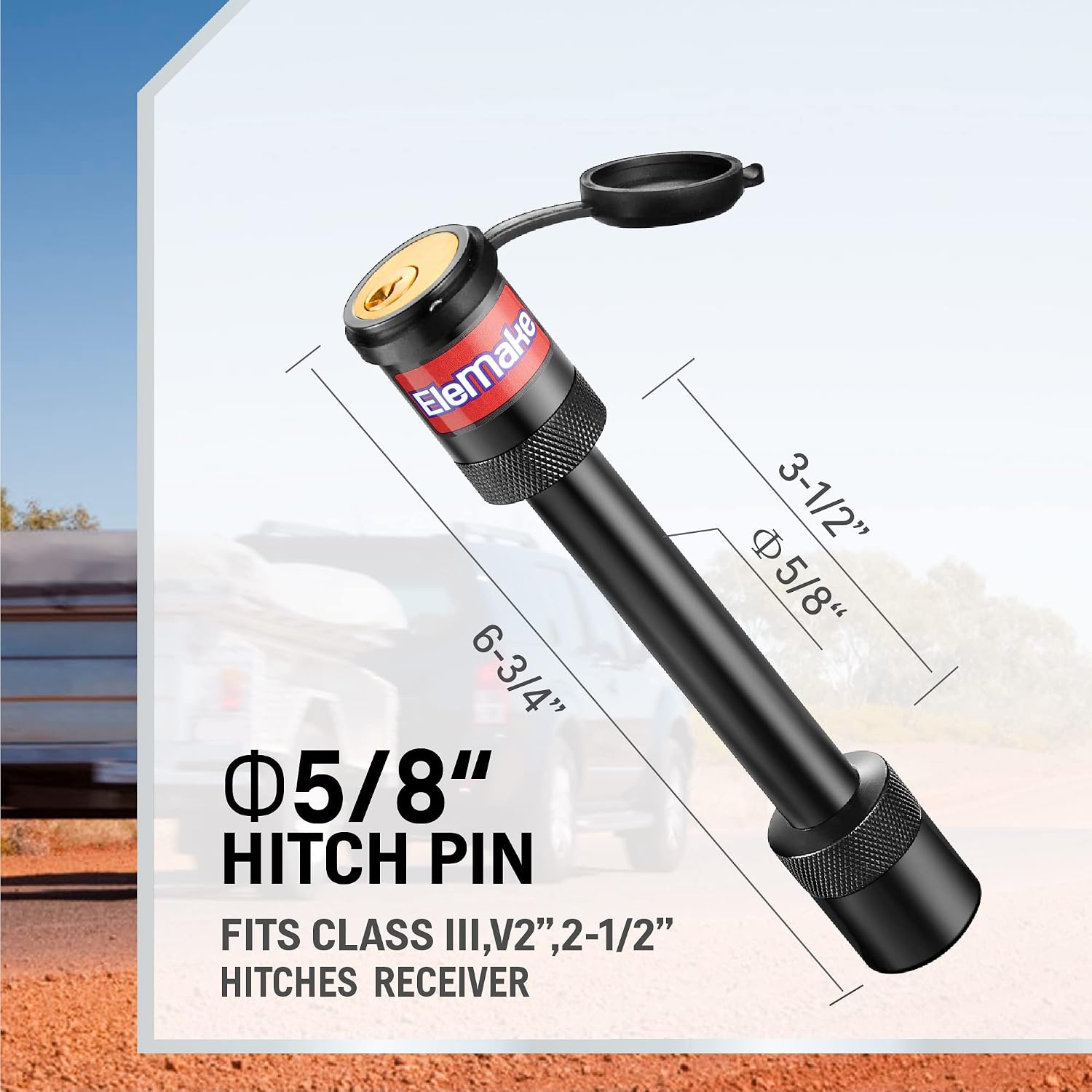 Hitch Pin Lock - Trailer Hitch Lock 5/8" Pin Tow Receiver Lock, Anti-Rust Brass Core Extra Long 3-1/2" Effective Length for Class III-V Receivers (2", 2-1/2"), Heavy Duty 20,000 LBS Towing