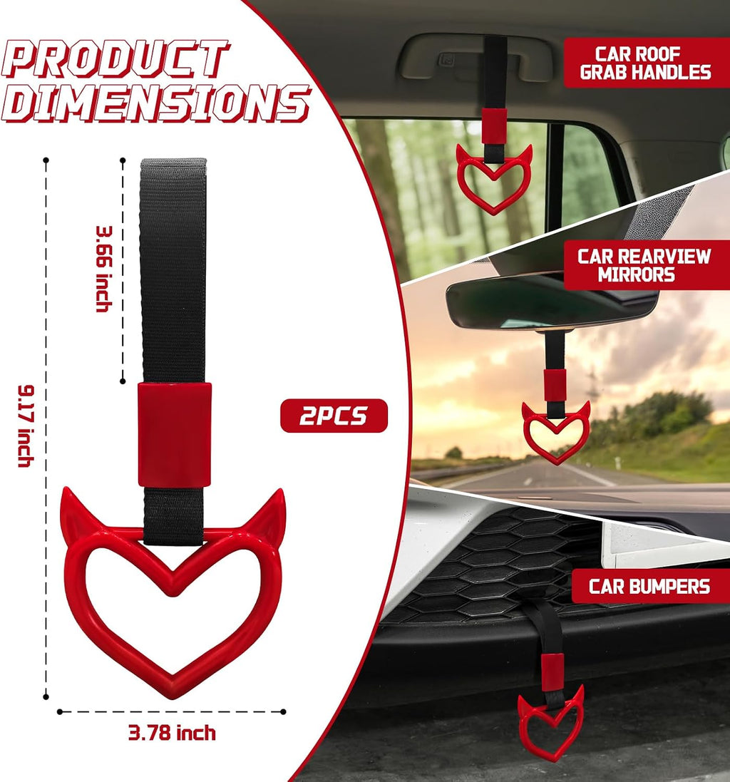 2 Pcs Devil Heart Shaped Car Handle Strap – Drift Charm Rear Bumper Warning Ring Decor for Car Interior Exterior, Subway Bus Handle Accessory, Cute Heart Car Decor Gift for Drivers (Red)