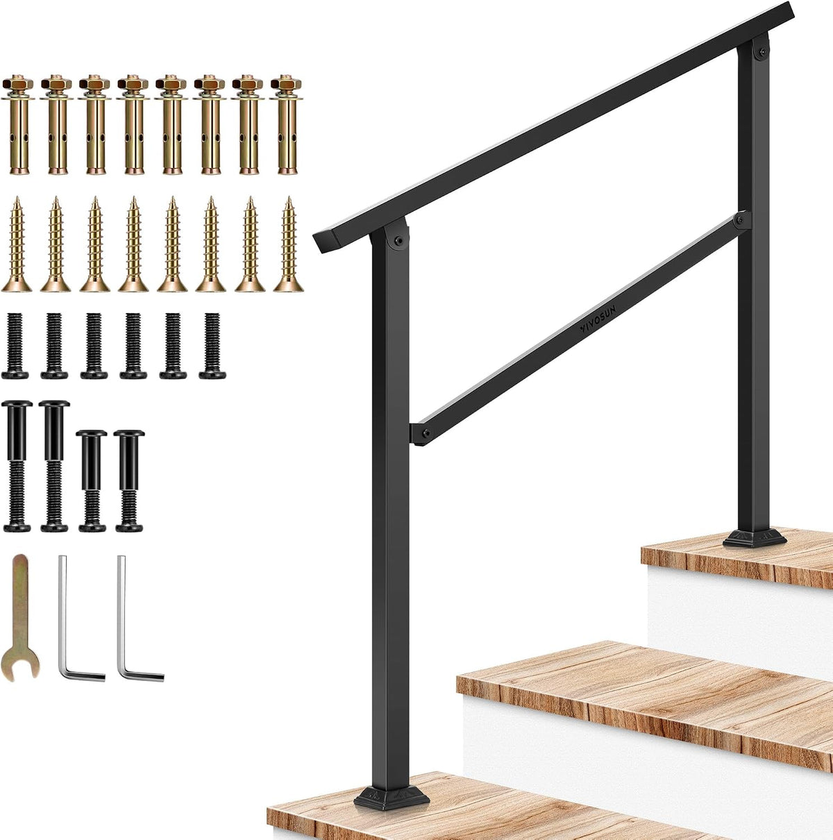 VIVOSUN Outdoor Handrail, 3 Step Stair Handrail, Wrought Mattle Iron Handrail