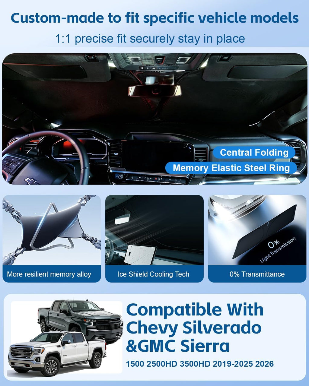 Windshield Sun Shade for Chevy Silverado/GMC Sierra 1500 2500 3500(SLT,AT4,Denali) 2026 2025-2019 Front Window Sun Visor Protector Foldable Block UV Rays Windshield Sunshade Keep Car Cool