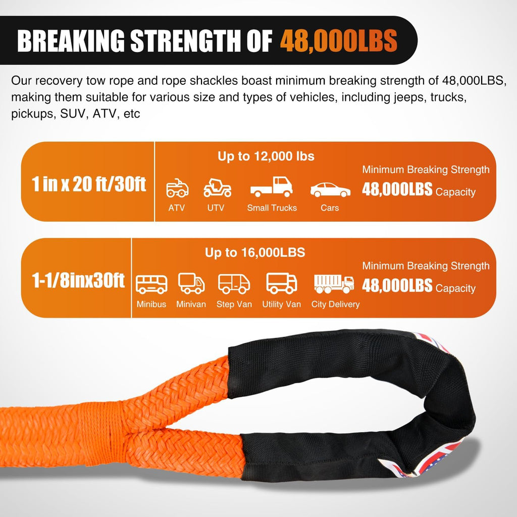 Nilight Kinetic Recovery Rope 48000 LBS 1in x 20ft Snatch Strap Heavy Duty Offroad Towing Starp Kit Vehicle Recovery kit for UTV ATV SUV Truck Car Jeep Tractor