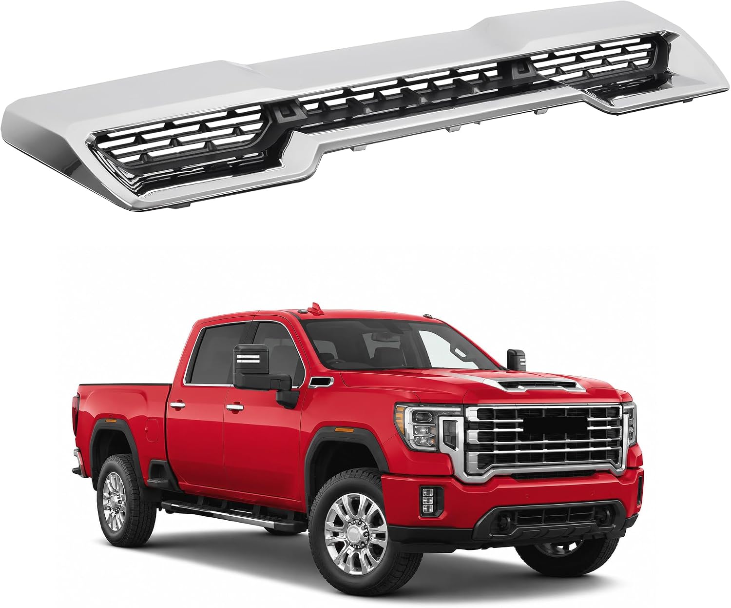 Front Upper Hood Scoop Vent Compatible with 2020-2023 GMC Sierra 2500 HD/3500 HD Replacement for 84802216 Air Vent Hoods Plastic (ABS+PP) Chrome Silvery+Black