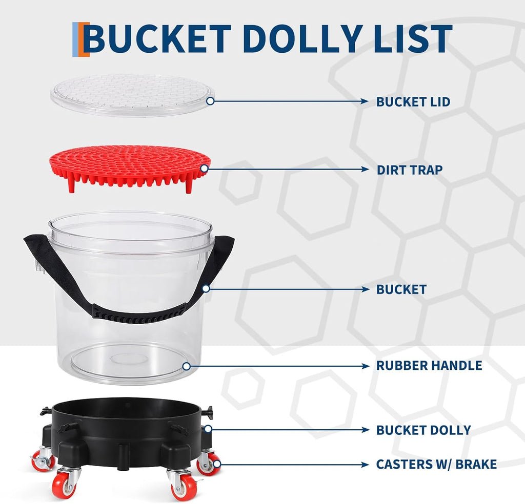 GarveeTech 5 gal Car Wash Bucket Kit 300 LBS Capacity - Includes Grit Trap, 5-Caster Dolly, Rubber Handle & Lid, Professional Detailing Kit for Auto Cleaning, Transparent