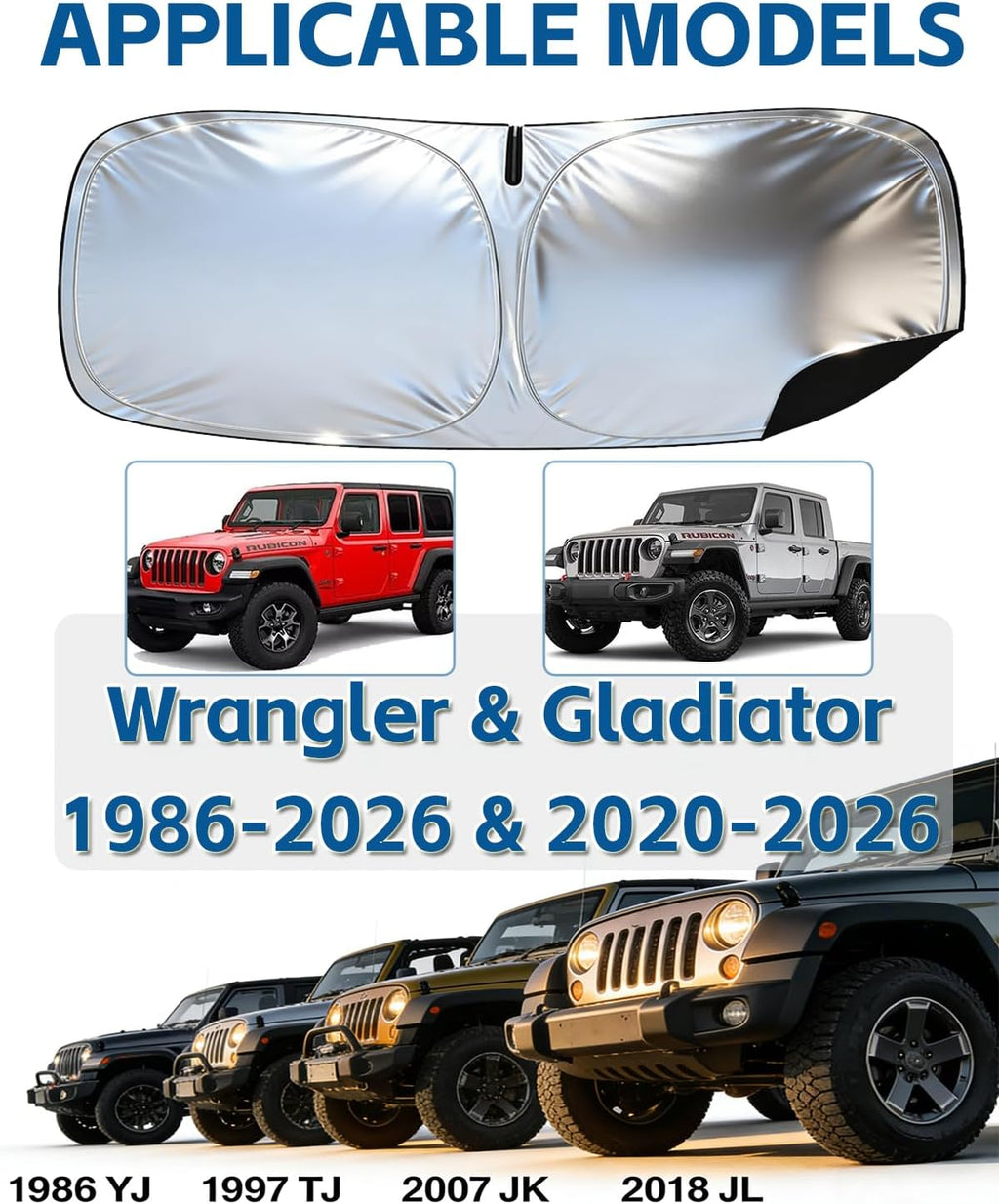 Upgrade Thickened Jeep Wrangler Windshield Sun Shade,Foldable Gladiator Dashboard Shield Sun Visor for 1997-2026 Sahara Rubicon JK JL CJ YJ TJ for UV and Heat Windshield Sunshade with Storage Bag