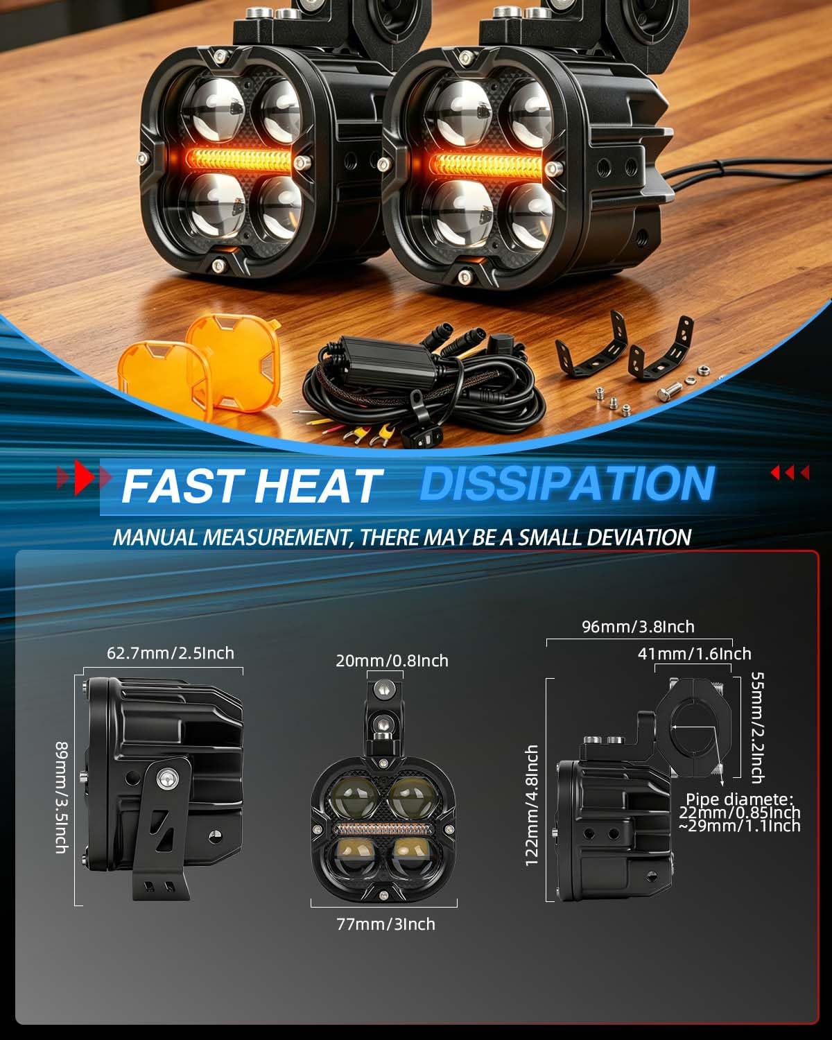 BraveWAY 3 Inch Motorcycle Driving Lights 120W LED Fog Lights with DRL 4 Strobe Modes Amber & White Beams LED Auxiliary Spotlights with Mount Brackets Wire Harness for Motorcycle ATV Night Riding UTV