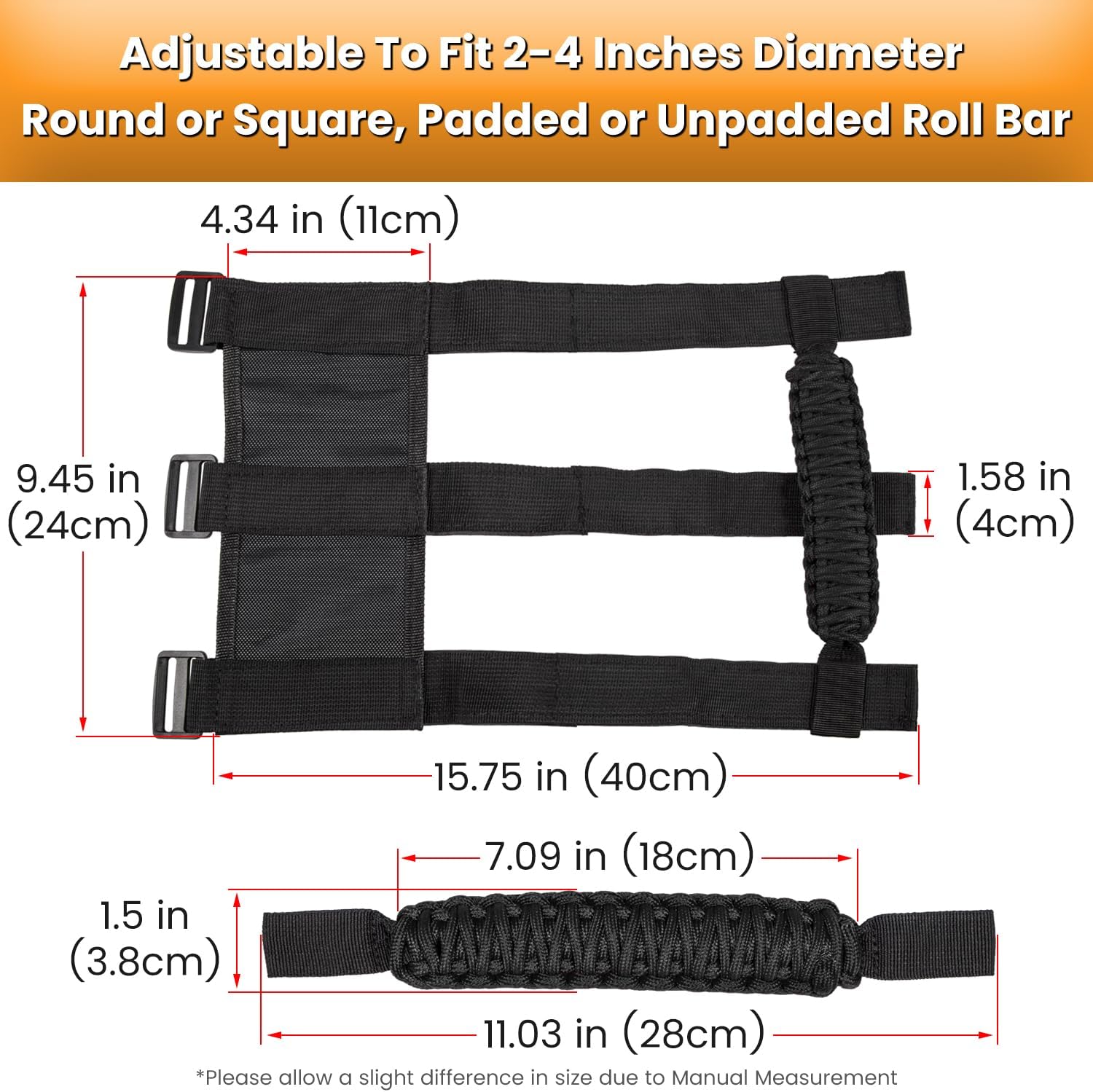 4 x Roll Bar Grab Handles Grip Handle for Jeep Wrangler JK JKU JL JLU TJ YJ Sports Sahara Freedom Rubicon Unlimited Gladiator JT 1955-2023 UTV ATV Premium 550 Paracord Interior Accessories (Black)