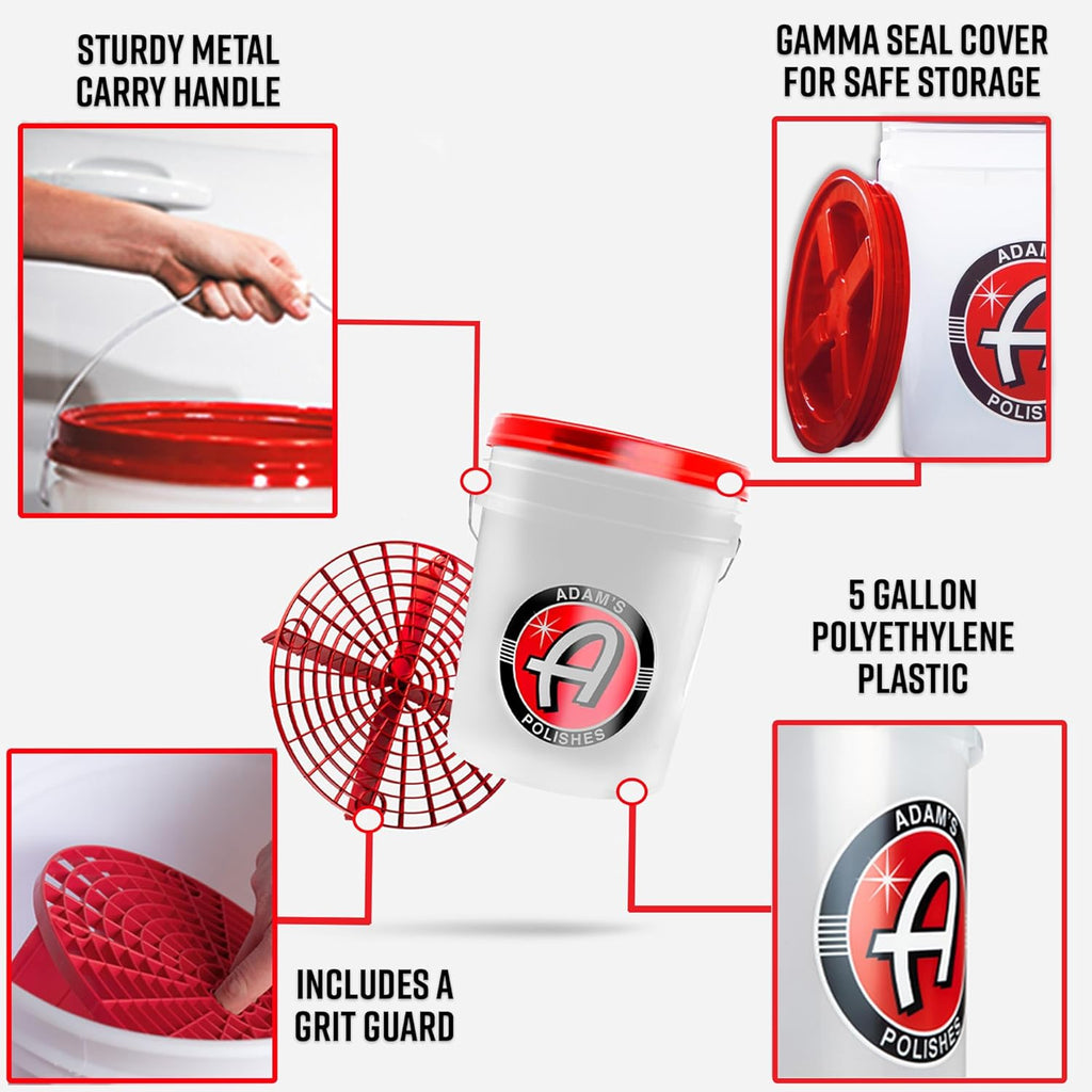 Adam's Polishes Car Wash Bucket (5 Gallon Bucket + Grit Guard + Gamma Seal Lid), Perfect Car Tool for Washing & Garage Storage, Stores Car Wash Soap, Foam Cannon, Foam Gun, Microfiber Towels & More