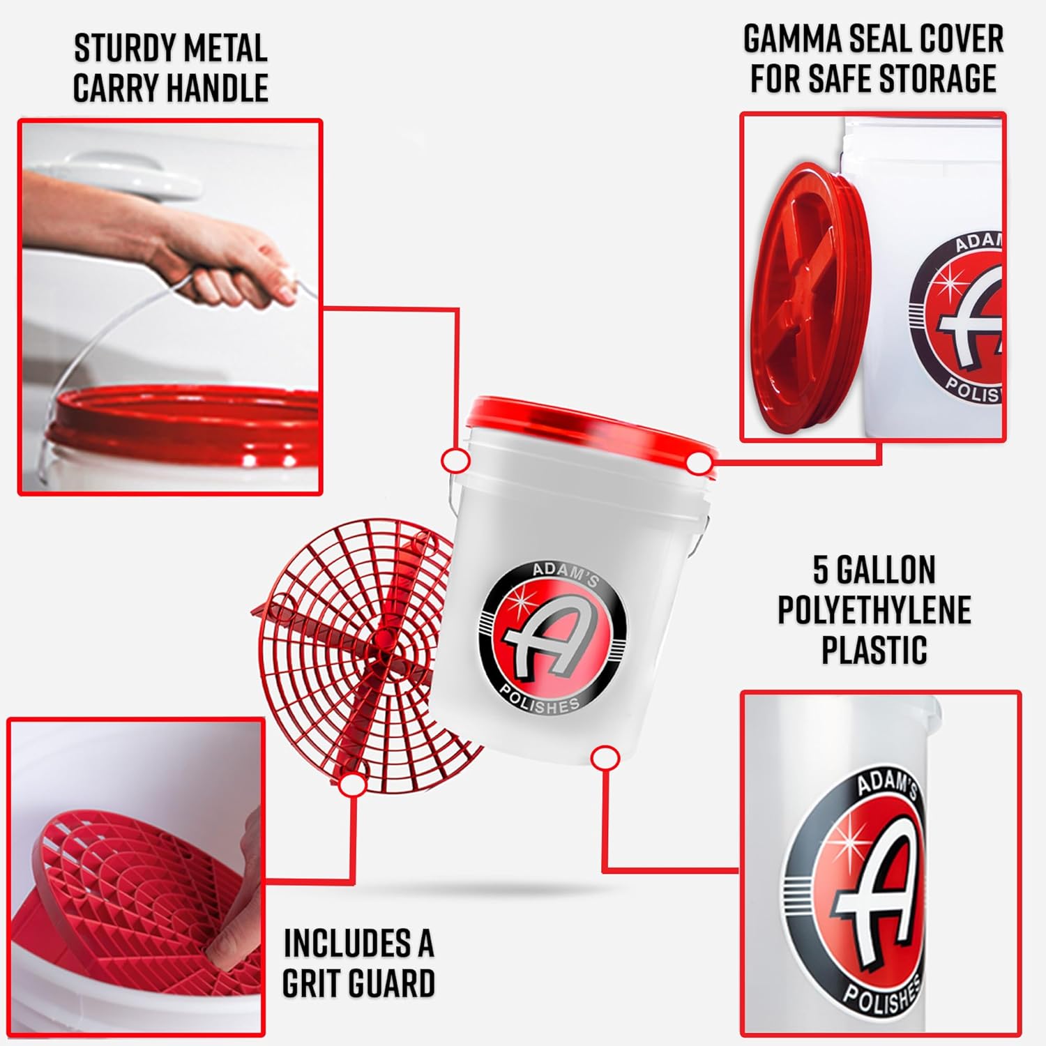 Adam's Polishes Car Wash Bucket (5 Gallon Bucket + Grit Guard + Gamma Seal Lid), Perfect Car Tool for Washing & Garage Storage, Stores Car Wash Soap, Foam Cannon, Foam Gun, Microfiber Towels & More