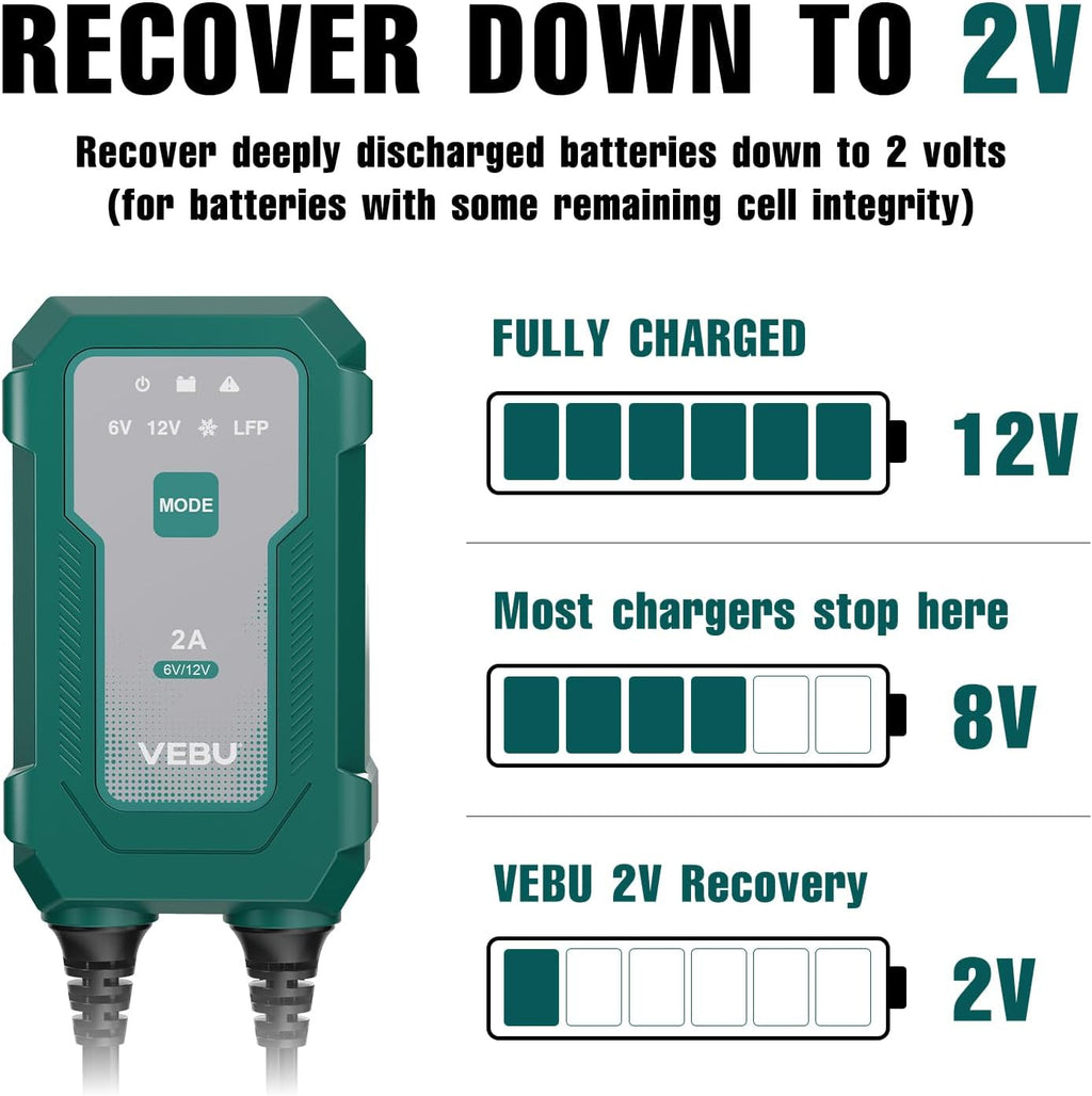 Smart 2A 6V/12V Battery Charger Maintainer - Auto Desulfator & Winter Mode for Deeply Discharged Lead-Acid & LiFePO4 Batteries - Perfect for Motorcycle, Car, Boat, RV, ATV