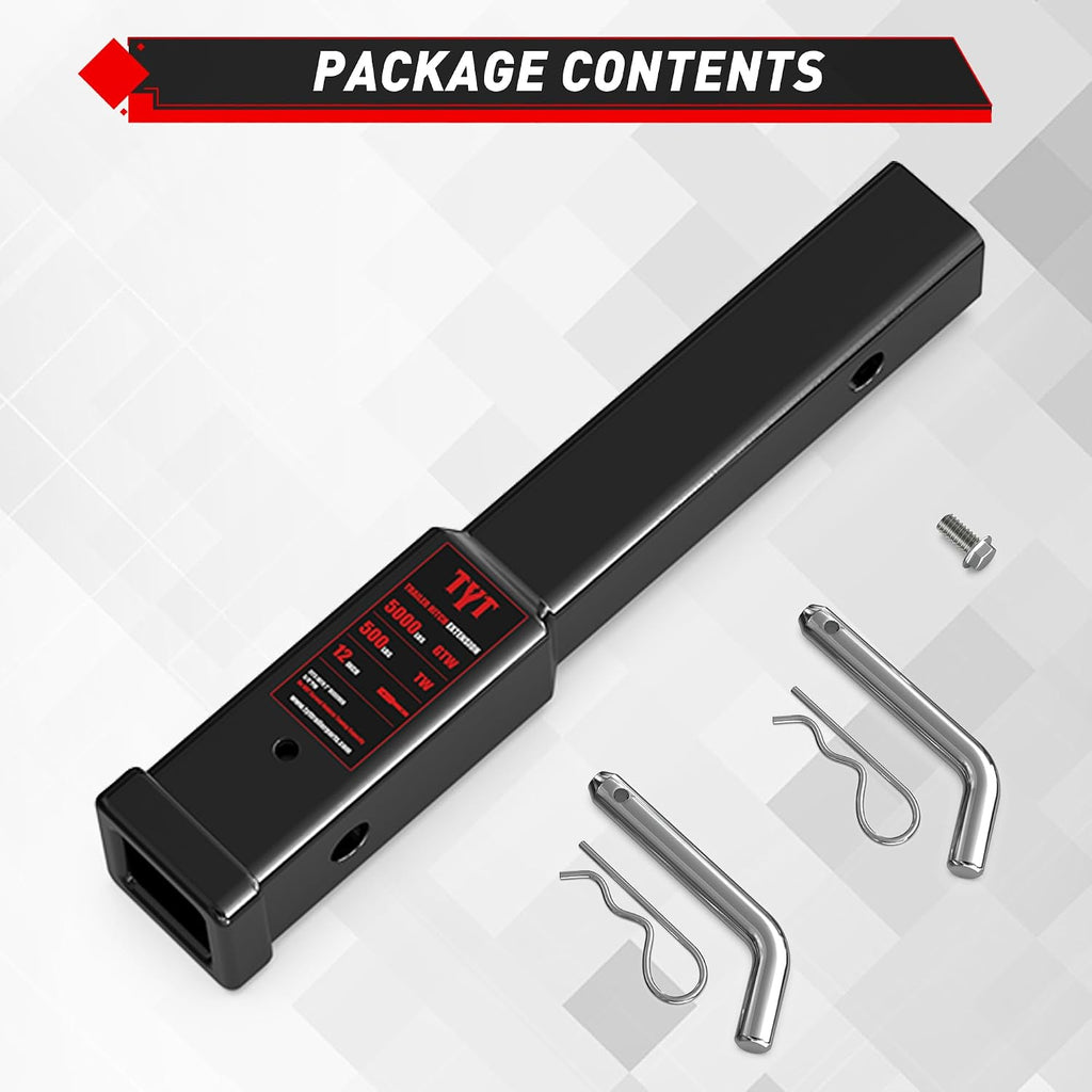 TYT 12" Trailer Hitch Extension for 2 inch Receiver Tube Extender，Includes 2 Sets of 5/8" Premium Hitch Pin, 5000 lbs GTW / 500 lbs TW