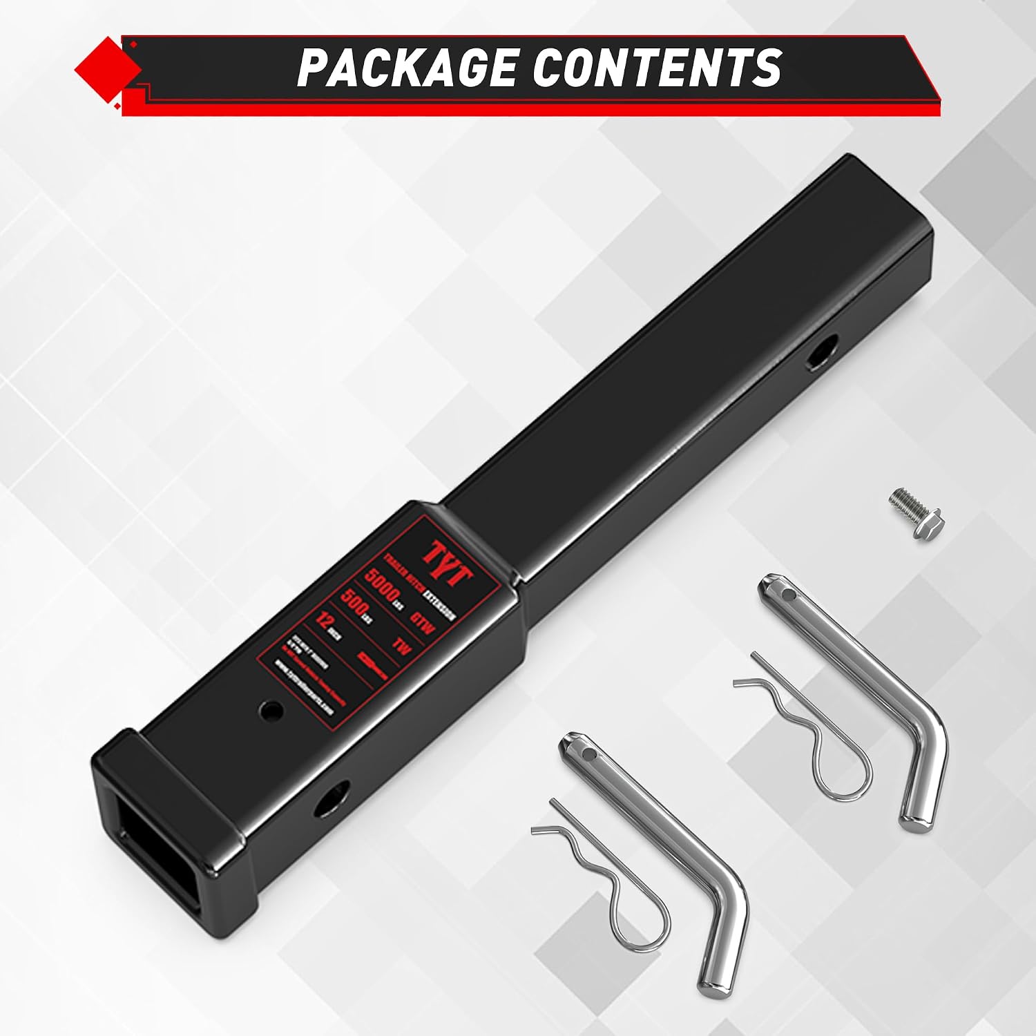 TYT 12" Trailer Hitch Extension for 2 inch Receiver Tube Extender，Includes 2 Sets of 5/8" Premium Hitch Pin, 5000 lbs GTW / 500 lbs TW