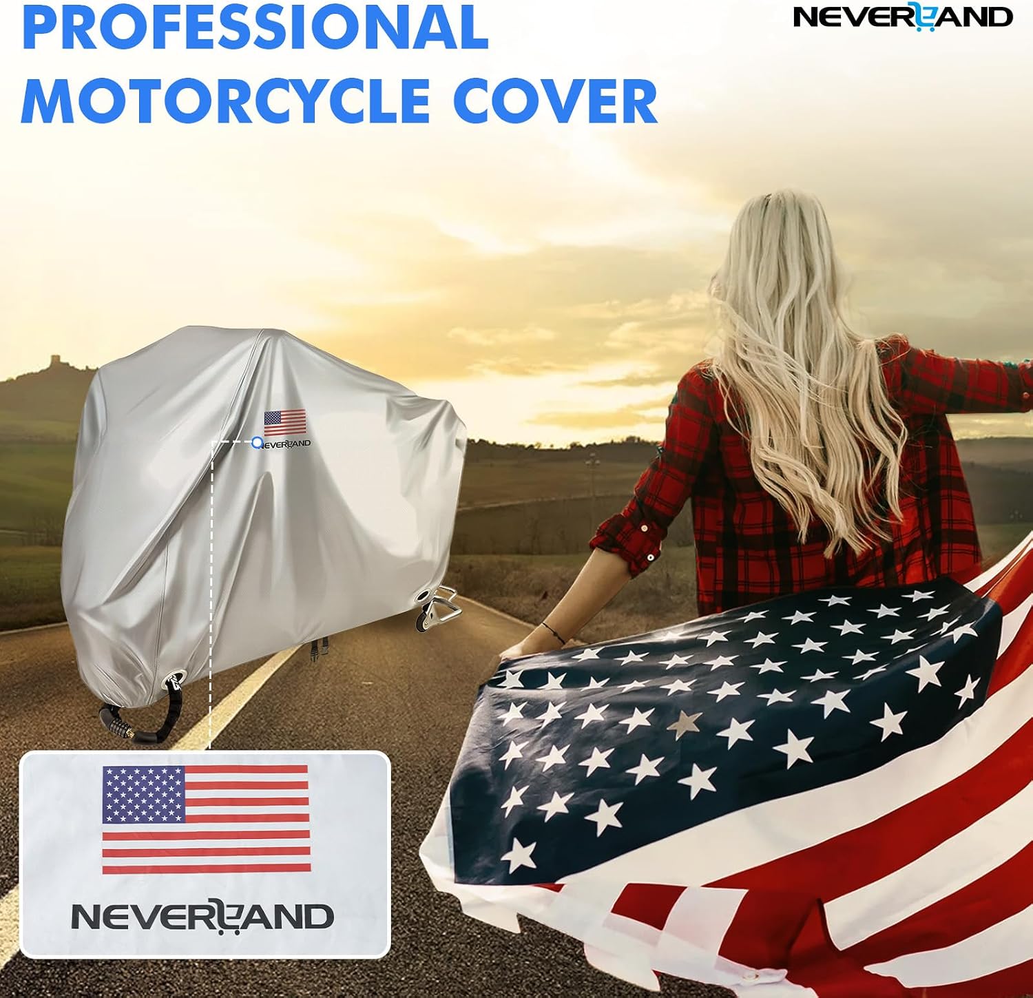 NEVERLAND Motorcycle Cover Waterproof Outdoor - Silver Heavy Duty Scooter Cover, Motorbike Cover with Refletive Logo, Lock-Hole, Bandage, Storage Bag-Protect Against Dust, Debris, Rain and Weather(L)