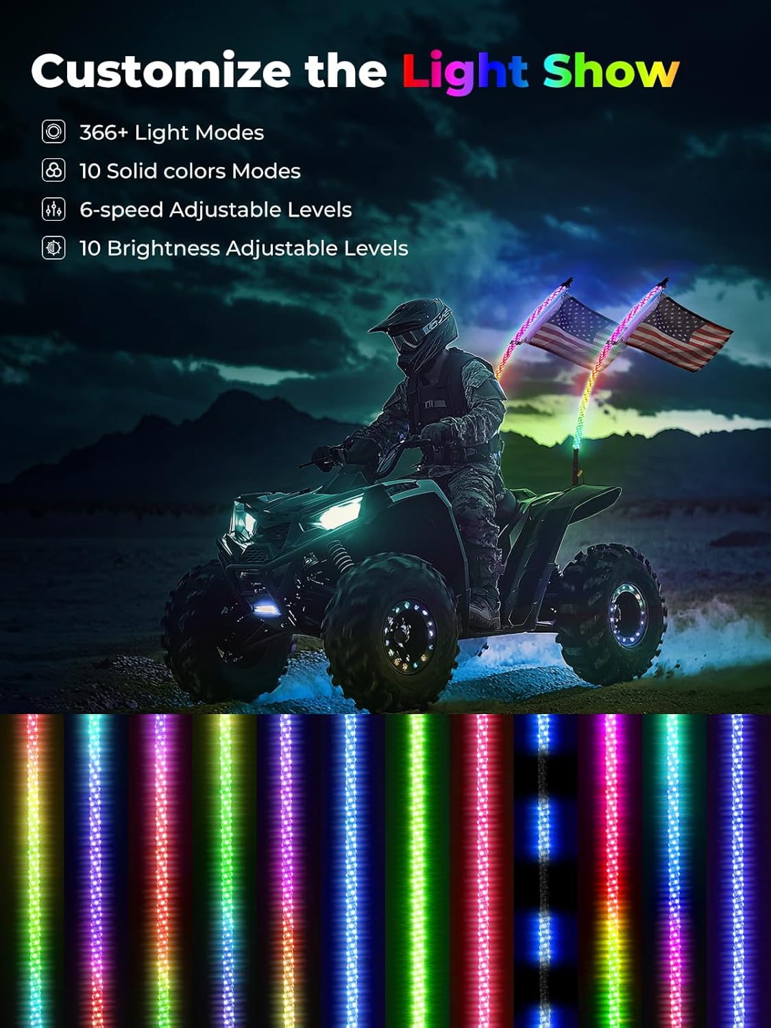 KEMIMOTO 2pc 3ft Whip Lights for Side by Side, Turning Signal Function Compatible with Polaris RZR Can-Am Maverick X3, LED Whip Lights for UTV ATV Buggy Boat Offroad RGB