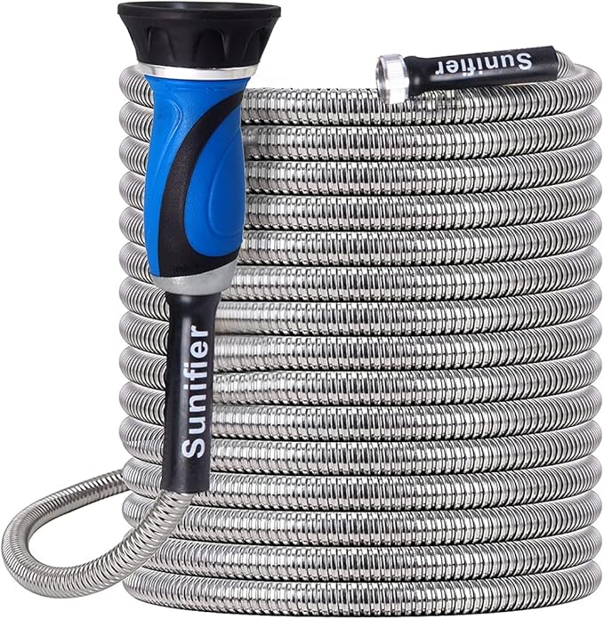 Metal Garden Hose 50 Ft With Hose Nozzle, Flexible Stainless Steel Garden Hose by Sunifier