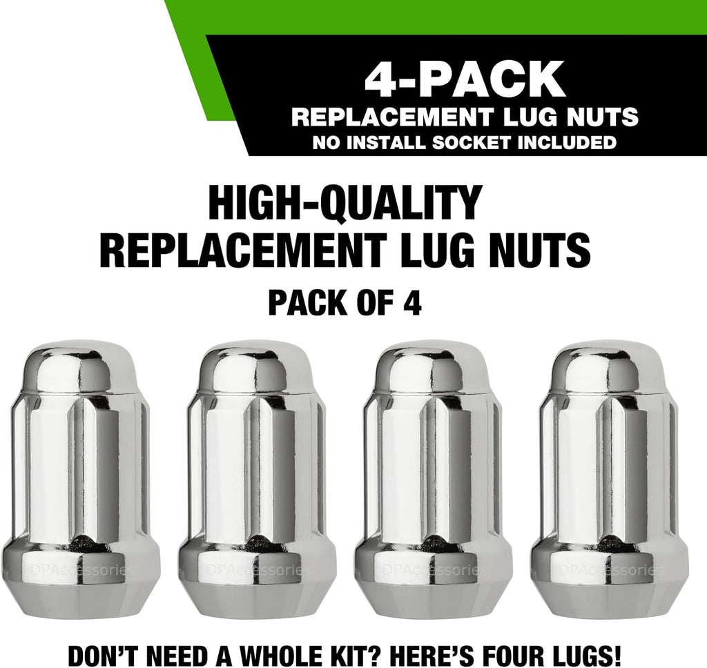 DPAccessories Chrome M12x1.25 Lug Nuts for Aftermarket Wheels - Closed End Spline Tuner - 34mm (1.35") Tall - Pack of 4 - LCS3A5HC2CH04004