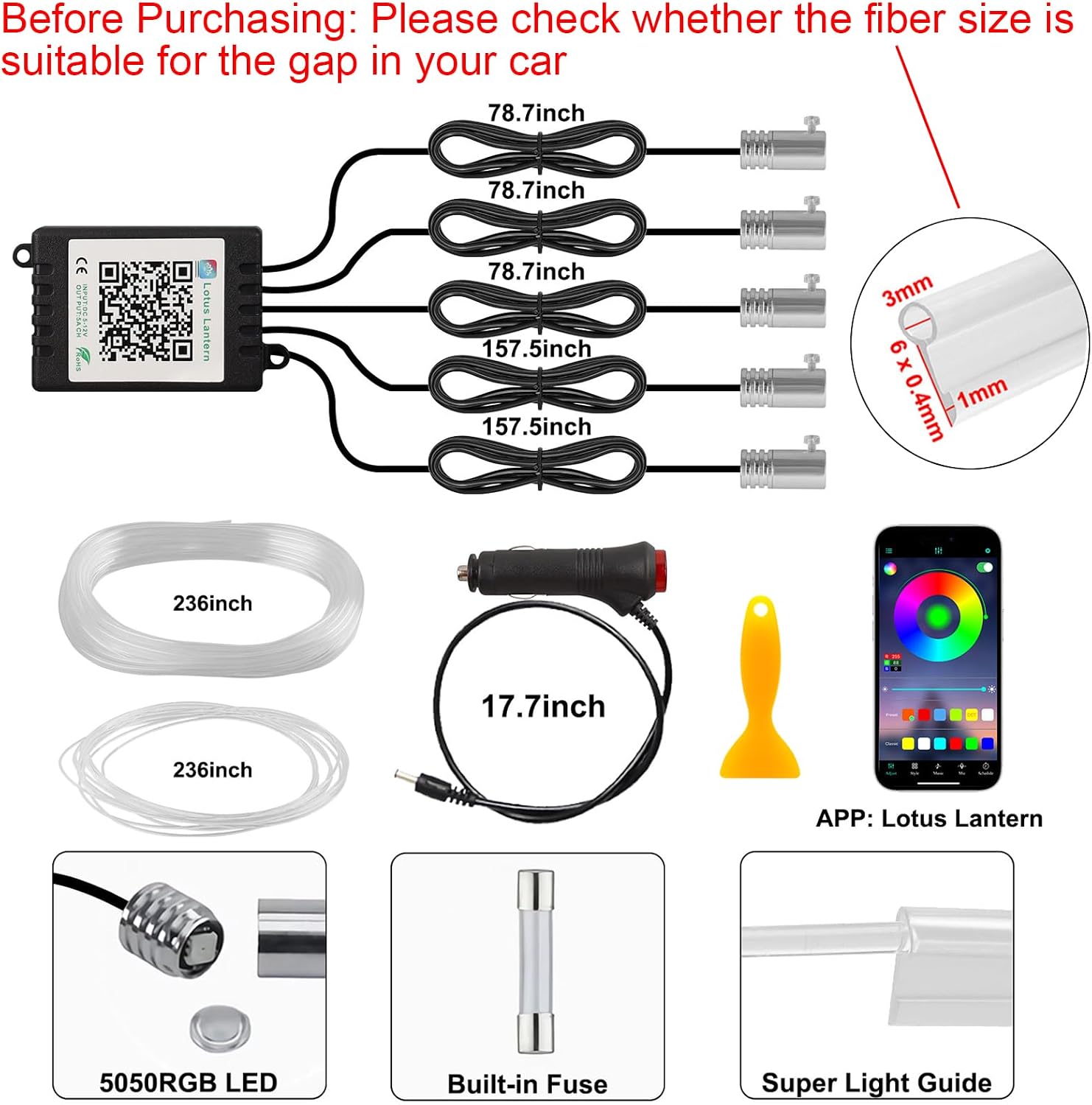 Interior Car LED Strip Lights APP Control, 5 in 1 RGB 16 Million Colors Ambient Lighting Kit with 236 inches Fiber Optic, Music Mode Inside Car Lighting Decorations