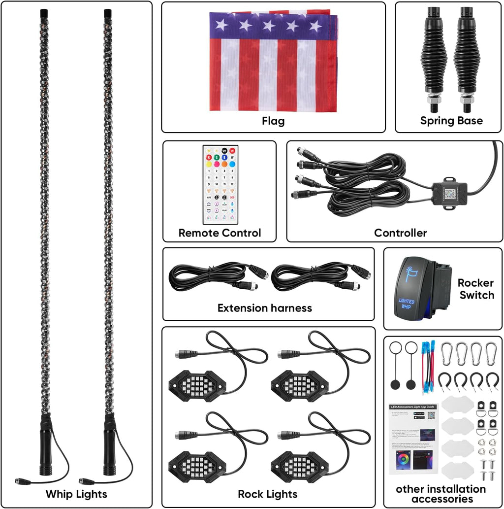 2PCS 4FT Whip Light and 4PCS Rock Light Combo Kit with Spring Base, Switch, App Control, Universal for UTV/ATV/RZR/SxS/Can-am