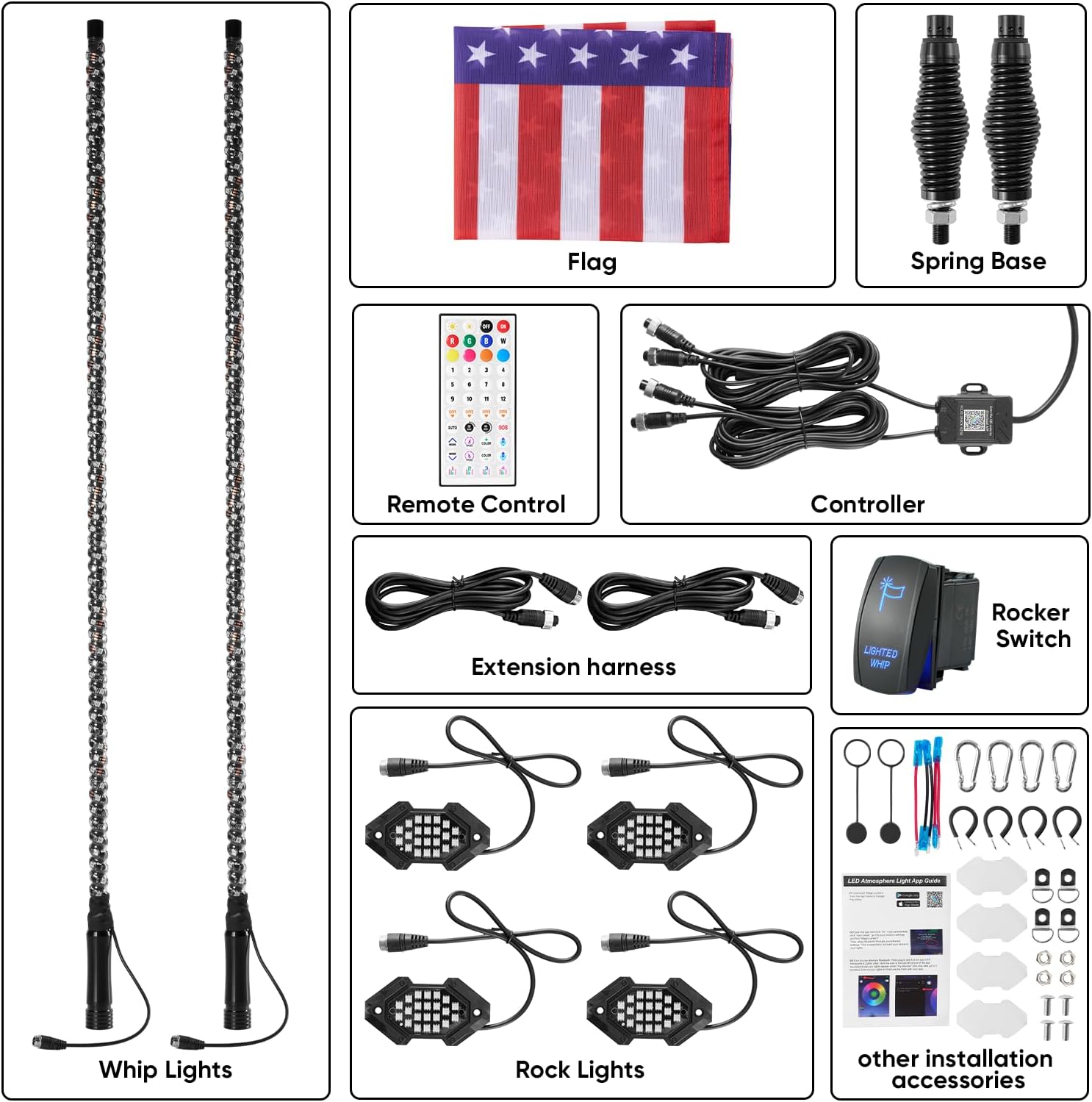 2PCS 4FT Whip Light and 4PCS Rock Light Combo Kit with Spring Base, Switch, App Control, Universal for UTV/ATV/RZR/SxS/Can-am