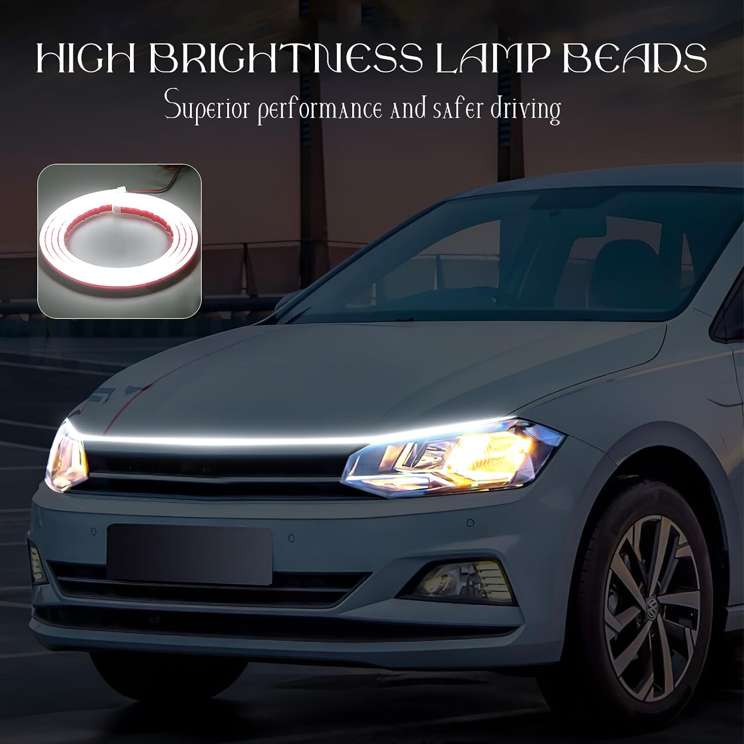 Car Hood Light Strip, 71 Inches Waterproof Flexible LED Strip, Dynamic Scan Start Up Car Daytime Running Lights, Universal Auto Exterior Decor Accessories for Most Vehicles (White, 71 Inches)