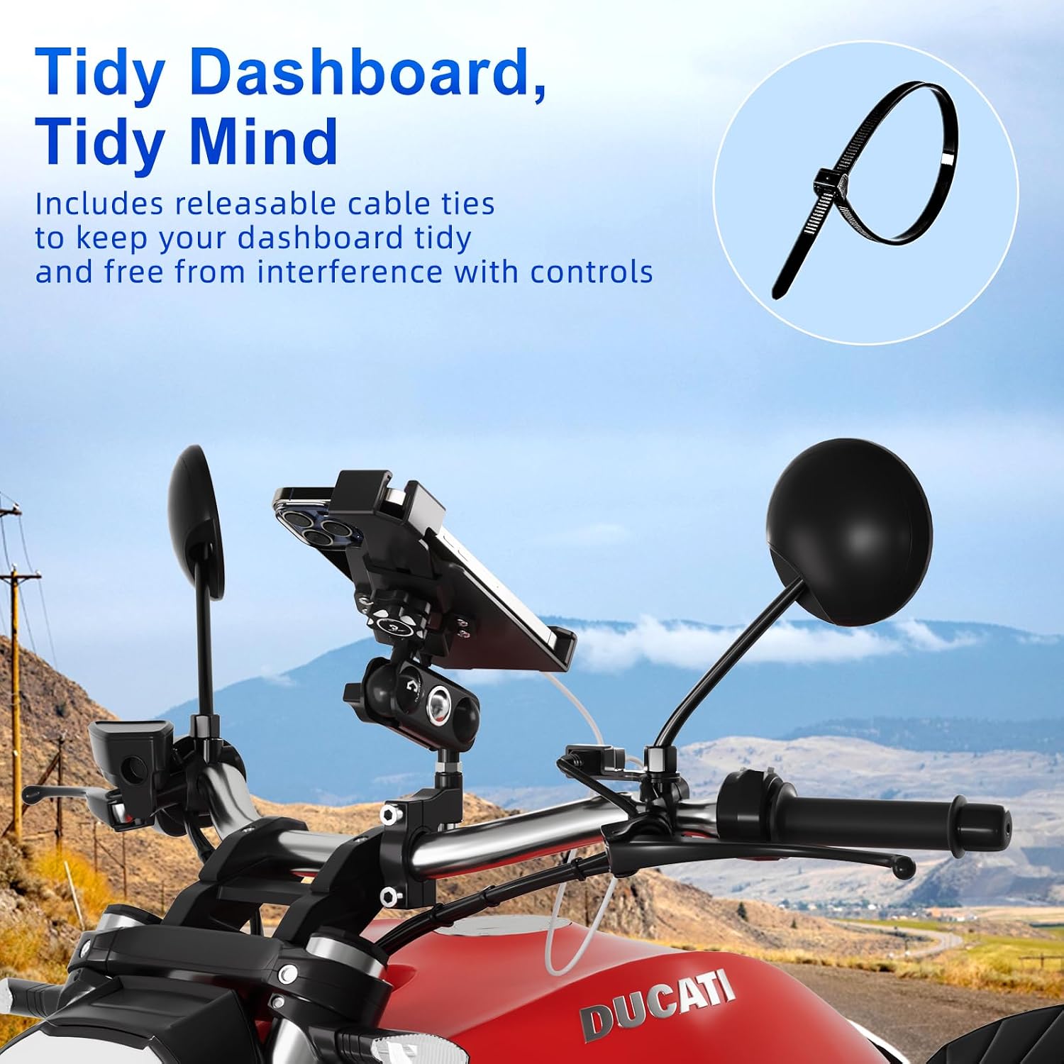 Cliff Top Waterproof Motorcycle USB Charger, 18W PD, SAE, 10mm Mirror Mount | Waterproof cap, Type-C quick charge, SAE to USB-C connector, 10mm rearview mirror mount, motorbike phone/GPS charging