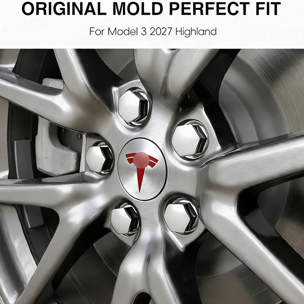 Wheel Center Hub Cap Kit with Tesla Emble Brand Center Caps for Model 3 Model Y with 20 Lug Nut Covers (4PCS) (Red-Silver)