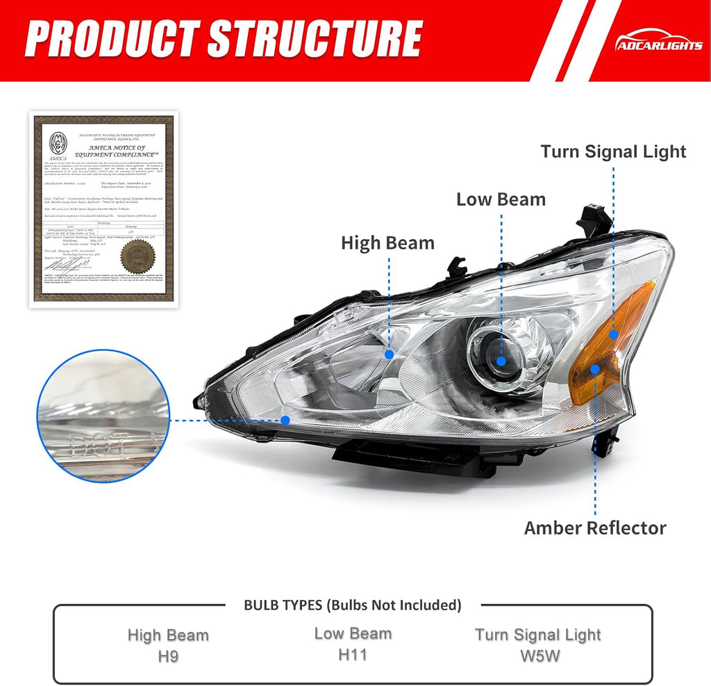 2013 2014 2015 Nissan Altima Headlight Assembly Only fit 4Door Clear Lens Chrome Housing with Amber Reflector Headlamp Replacement Left and Right Pair(Does Not Fit Xenon/HID)（W/O Bulbs）