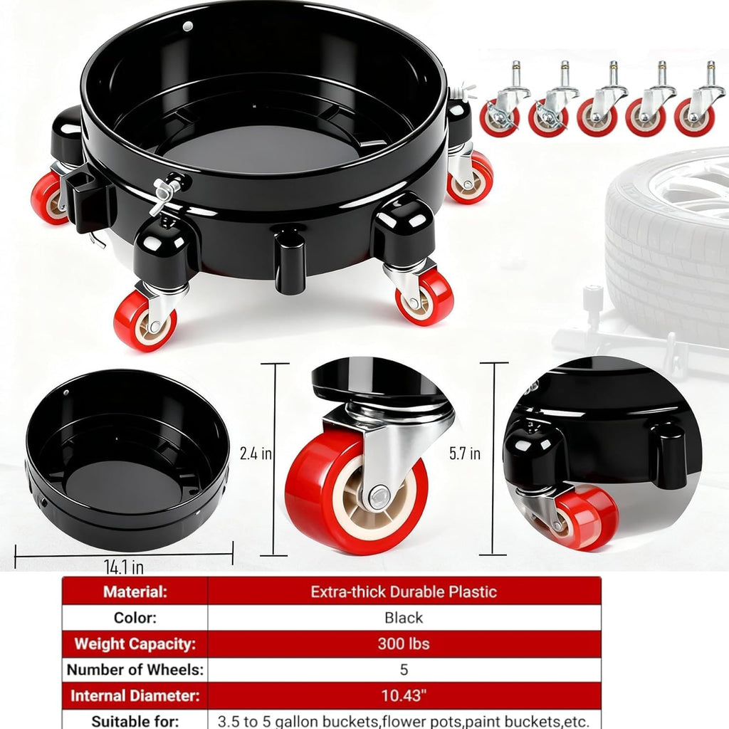 2 Pcs 5 Gallon Bucket Dolly, 11 Inch, Black Set | 1 Car Washing Glove, 5 Heavy Duty Wheel Casters, 360° Rolling, Connectable & Locking, For Car Wash, Garden & Garage