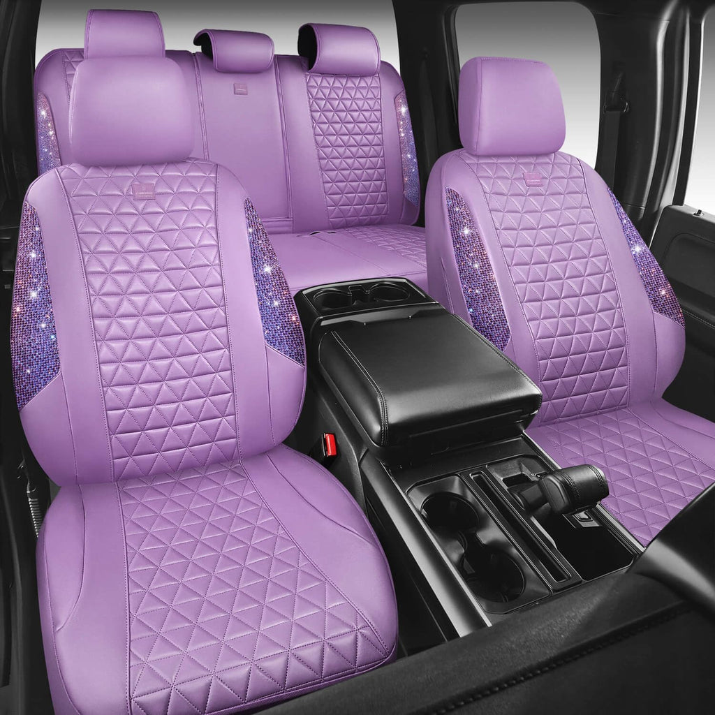 car pass light purple bling diamond leather car, front angle view