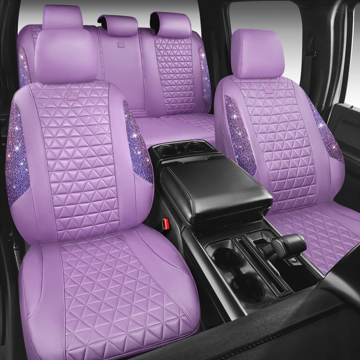 car pass light purple bling diamond leather car, front angle view