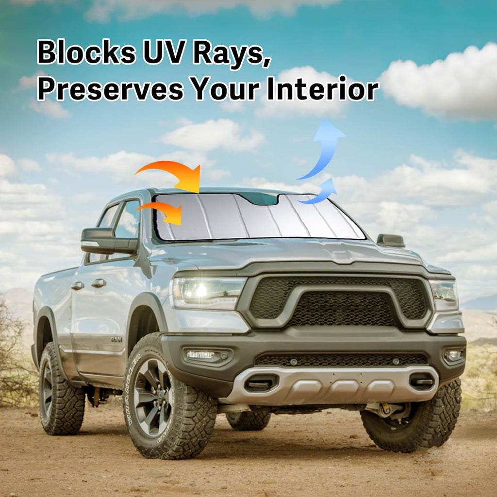 2019-2026 Car Windshield Sun Shade for 2019 2020 2021 2022 2023 2024 2025 2026 Dodge RAM 1500 with 5-Inch Wide Sensor Automotive Front Window Sunscreen Sunshade