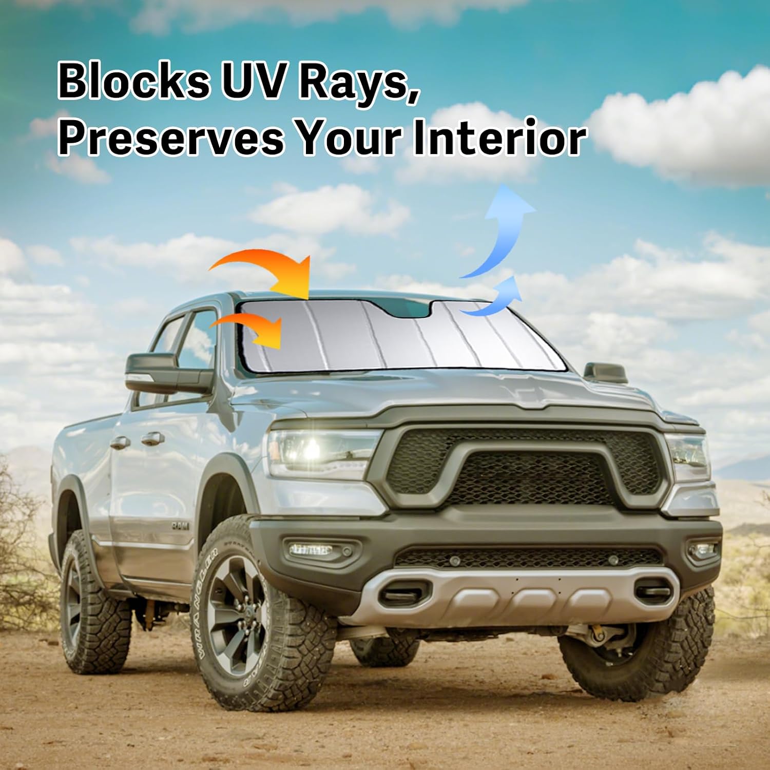 2019-2026 Car Windshield Sun Shade for 2019 2020 2021 2022 2023 2024 2025 2026 Dodge RAM 1500 with 5-Inch Wide Sensor Automotive Front Window Sunscreen Sunshade