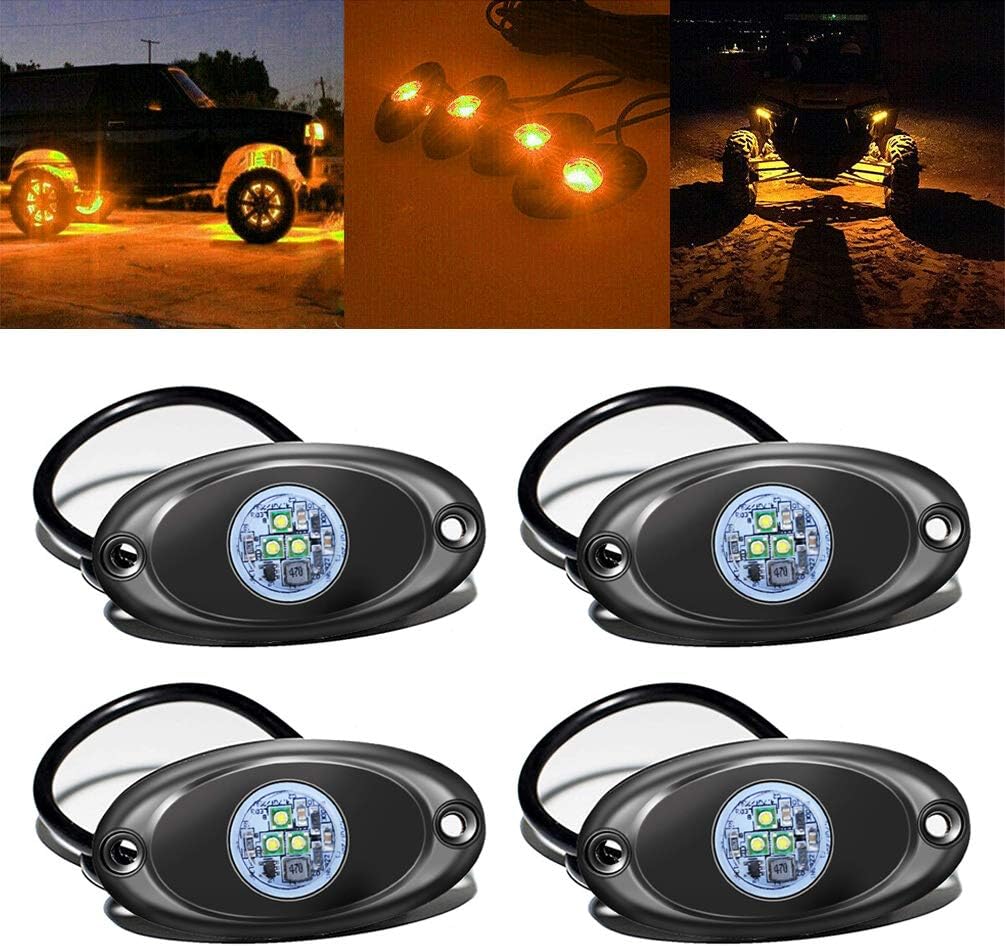 4 Pods LED Rock Light for Jeep ATV SUV Offroad Car Truck Boat Underbody Glow Trail Rig Lamp Underglow LED Neon Lights Waterproof 12V 24V Yellow Orange (Amber)