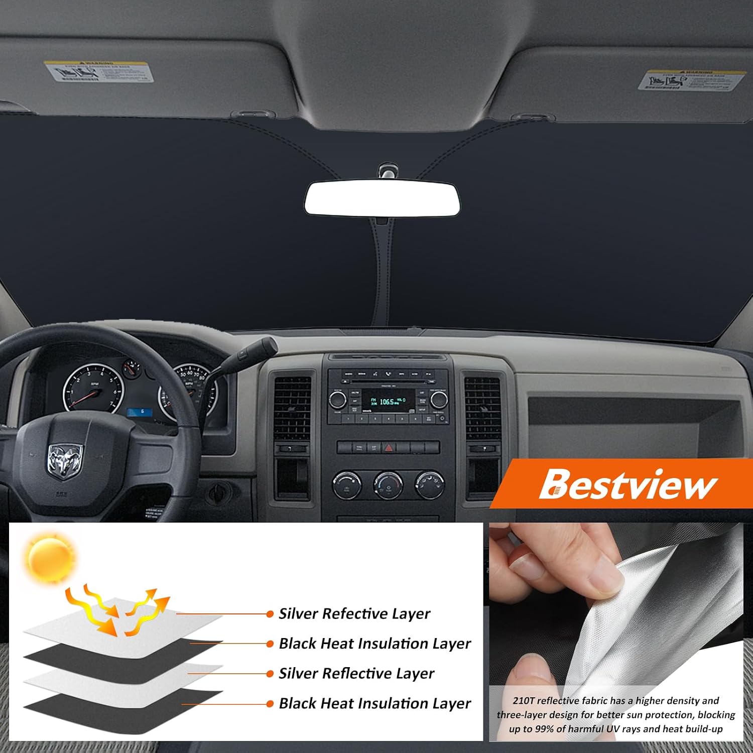 Bestview American Flag Windshield Sunshade for 2009-2018 Dodge Ram 1500，Custom Fit Foldable Front Window Sunshade Sun Visor Accessories Protector Block UV Rays Heat, Keep Your Car Cooler