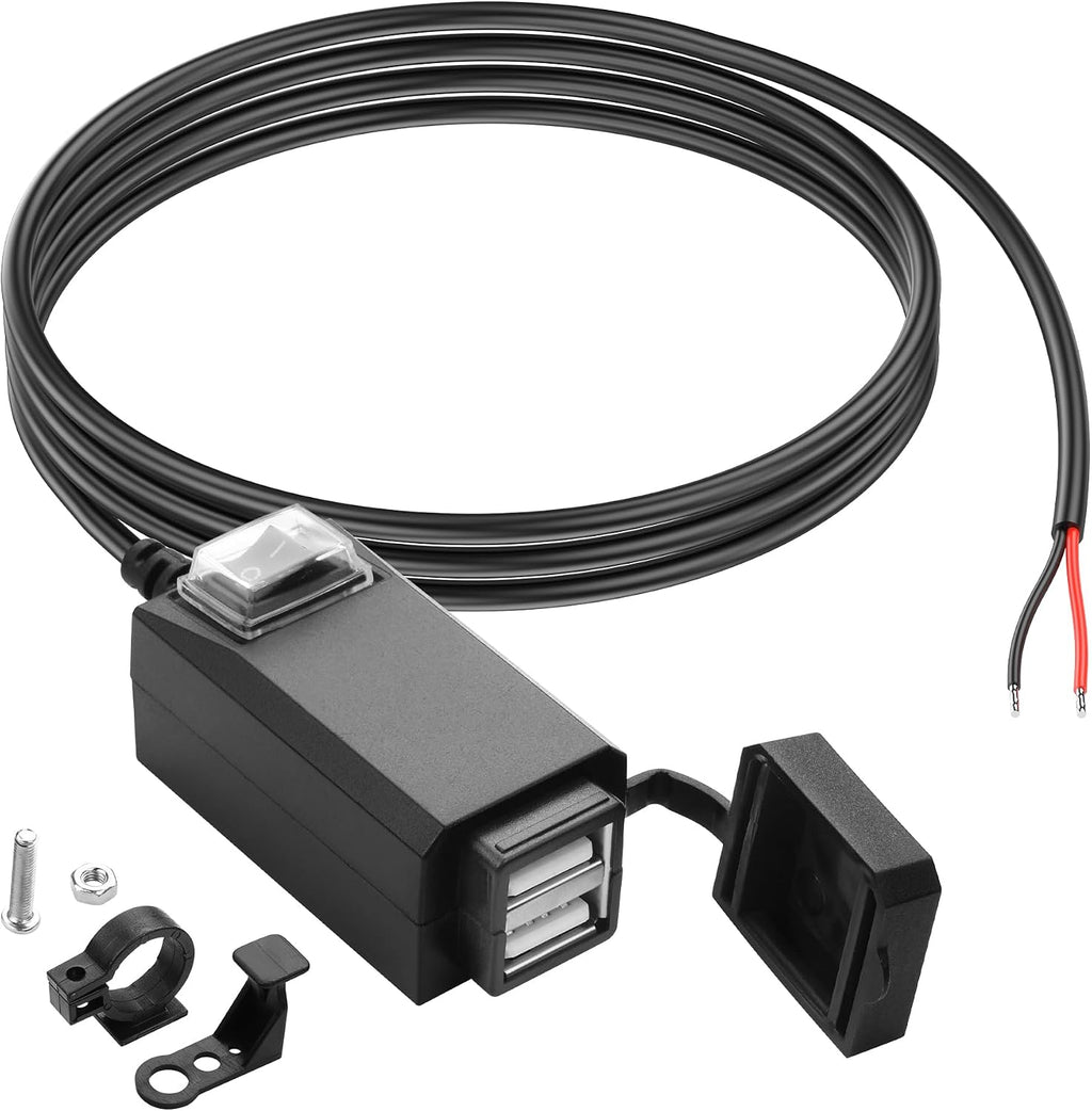 Motorcycle USB Charger, 3.1A Dual USB Motorcycle Waterproof Charger with Switch for Phone, Tablet, GPS, etc-1.2M/3.9ft