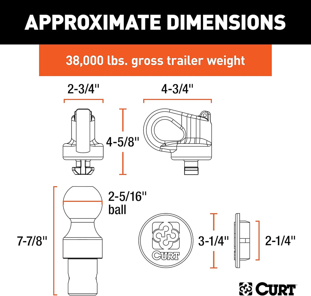 CURT 60639 OEM Puck System Gooseneck Hitch Kit for Chevrolet, Ford, GMC, Nissan Trucks, 38,000 lbs. GTW, 2-5/16-Inch Ball, Pucks Required